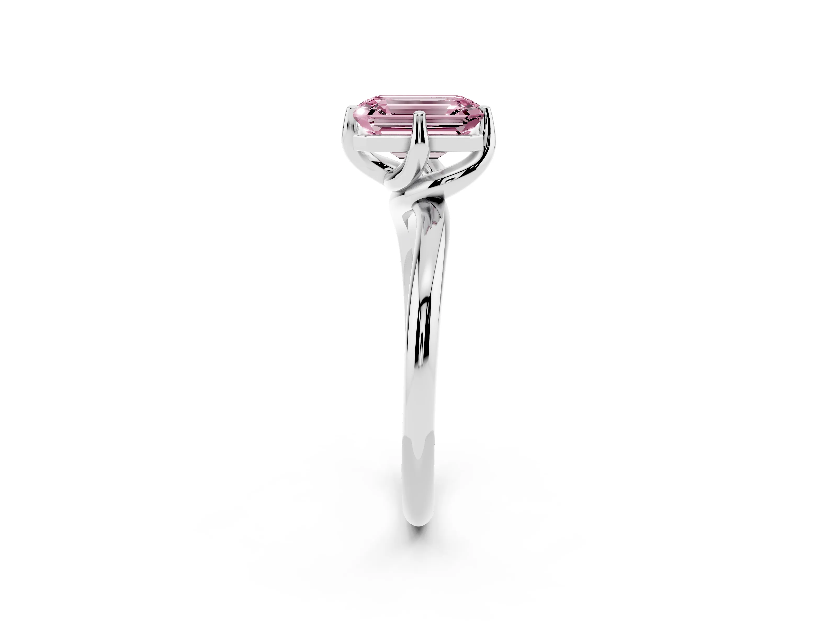 Fancy Pink Emerald Cut Diamond Solitaire Engagement Ring Set in Silver with Classic Plain Band