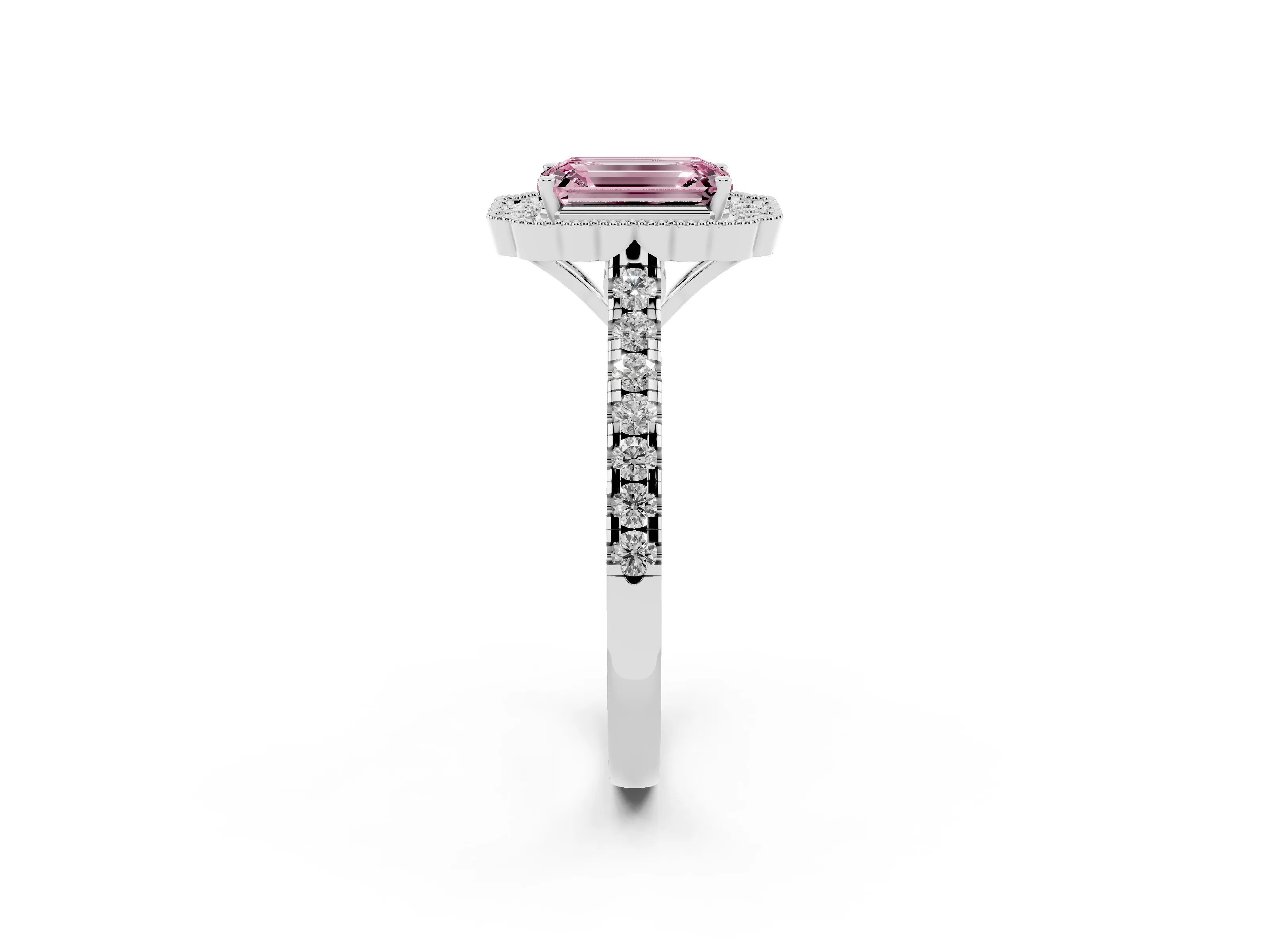 Fancy Pink Emerald Cut Diamond Milgrain Floral Halo Engagement Ring Set in Silver with Pavé Band
