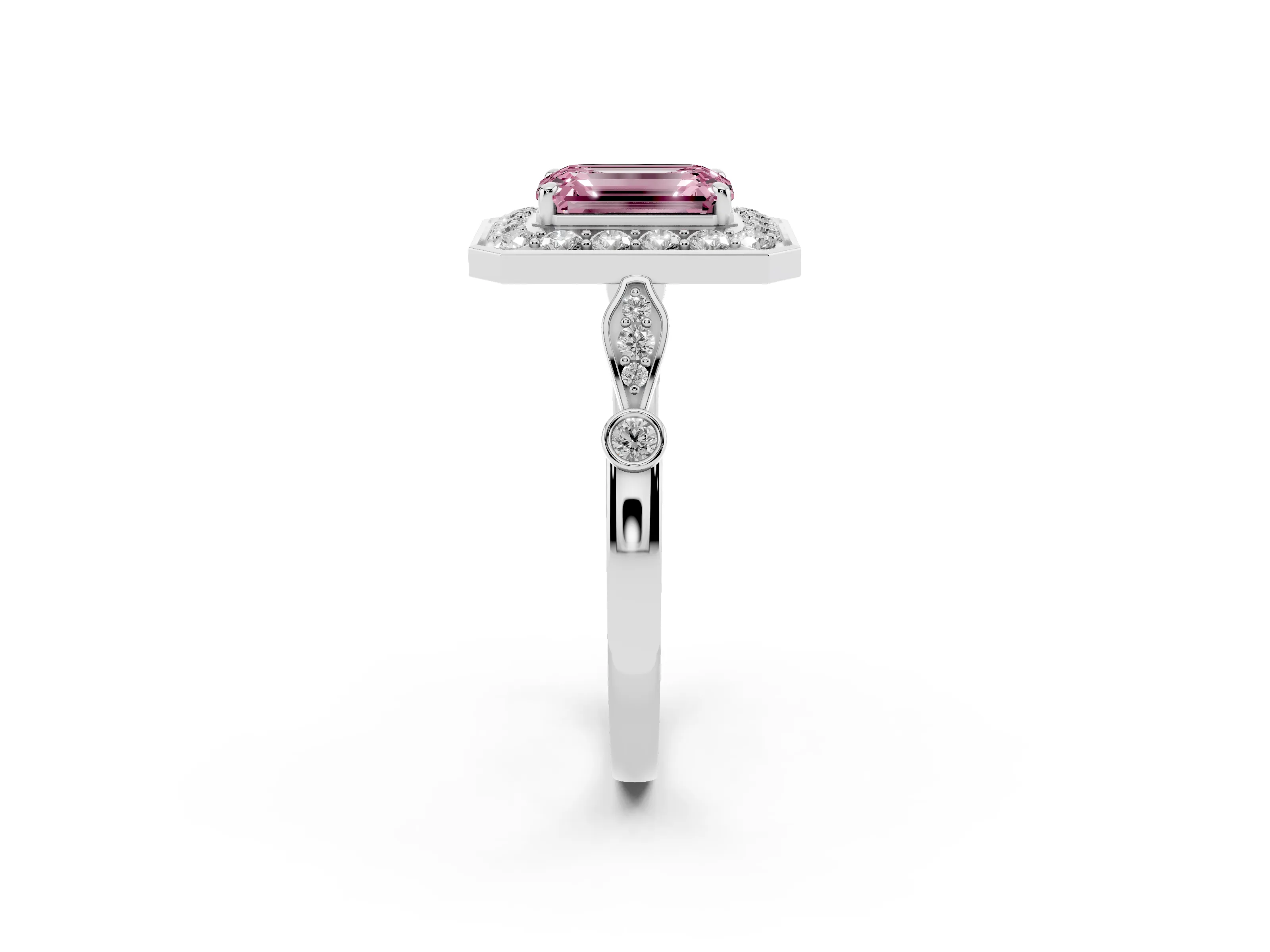 Fancy Pink Emerald Cut Diamond Halo Engagement Ring Set in Platinum with Twisted Band and Prong Setting