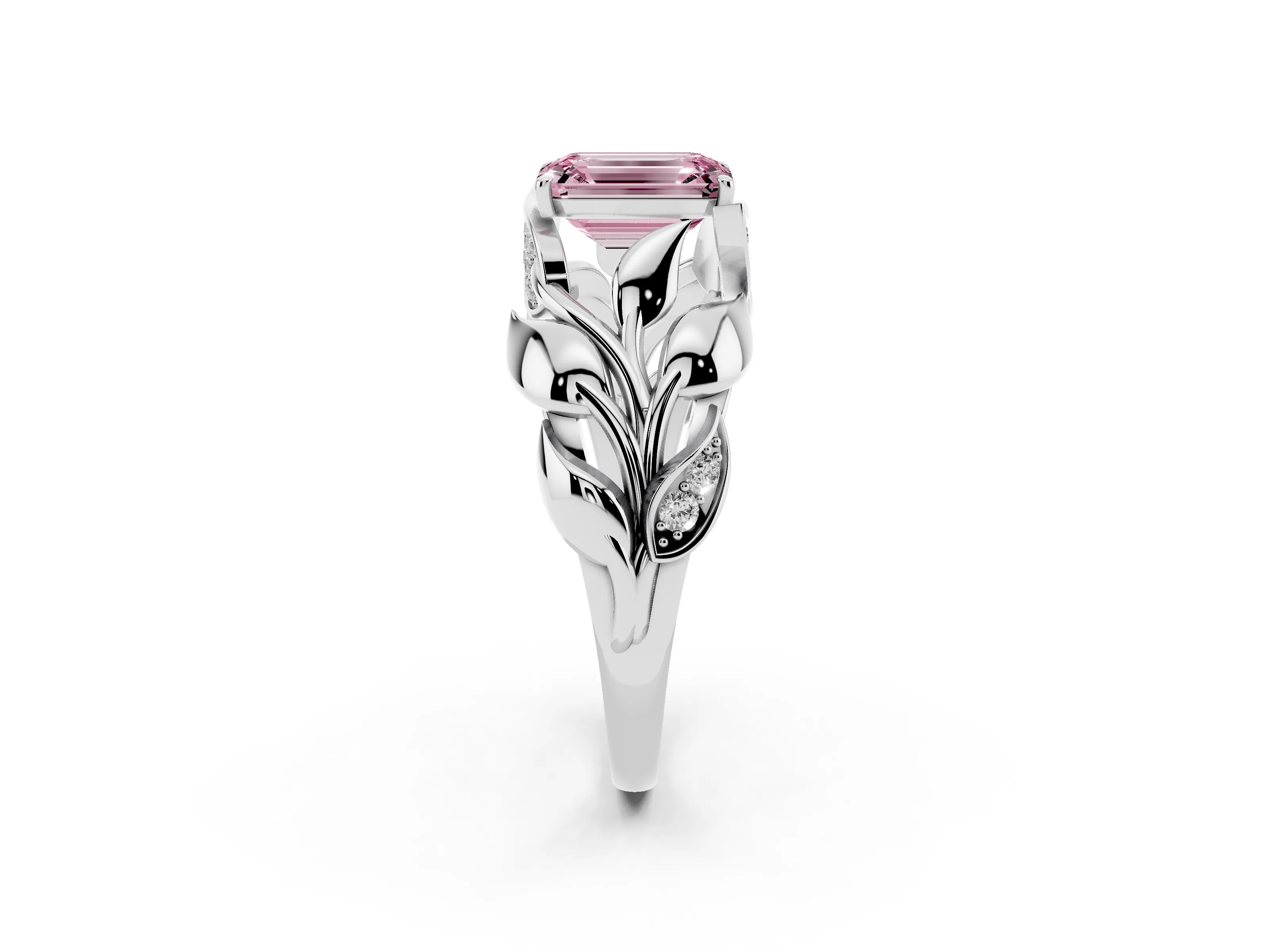 Fancy Pink Emerald Cut Diamond Leaf-Inspired Engagement Ring Set in Platinum with Round Accents