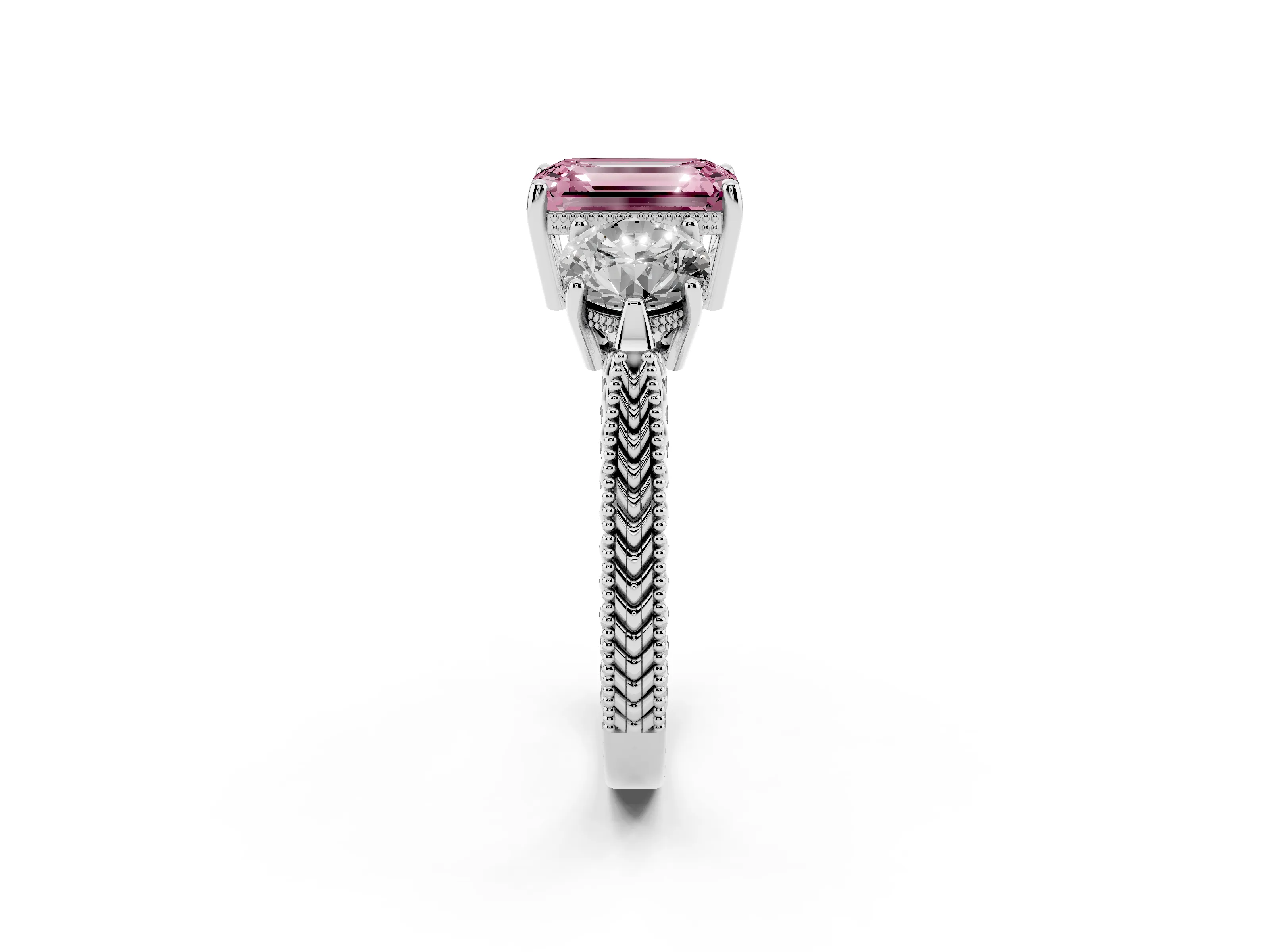 Fancy Pink Emerald Cut Diamond Three-Stone Ring Set in Silver with Milgrain Band