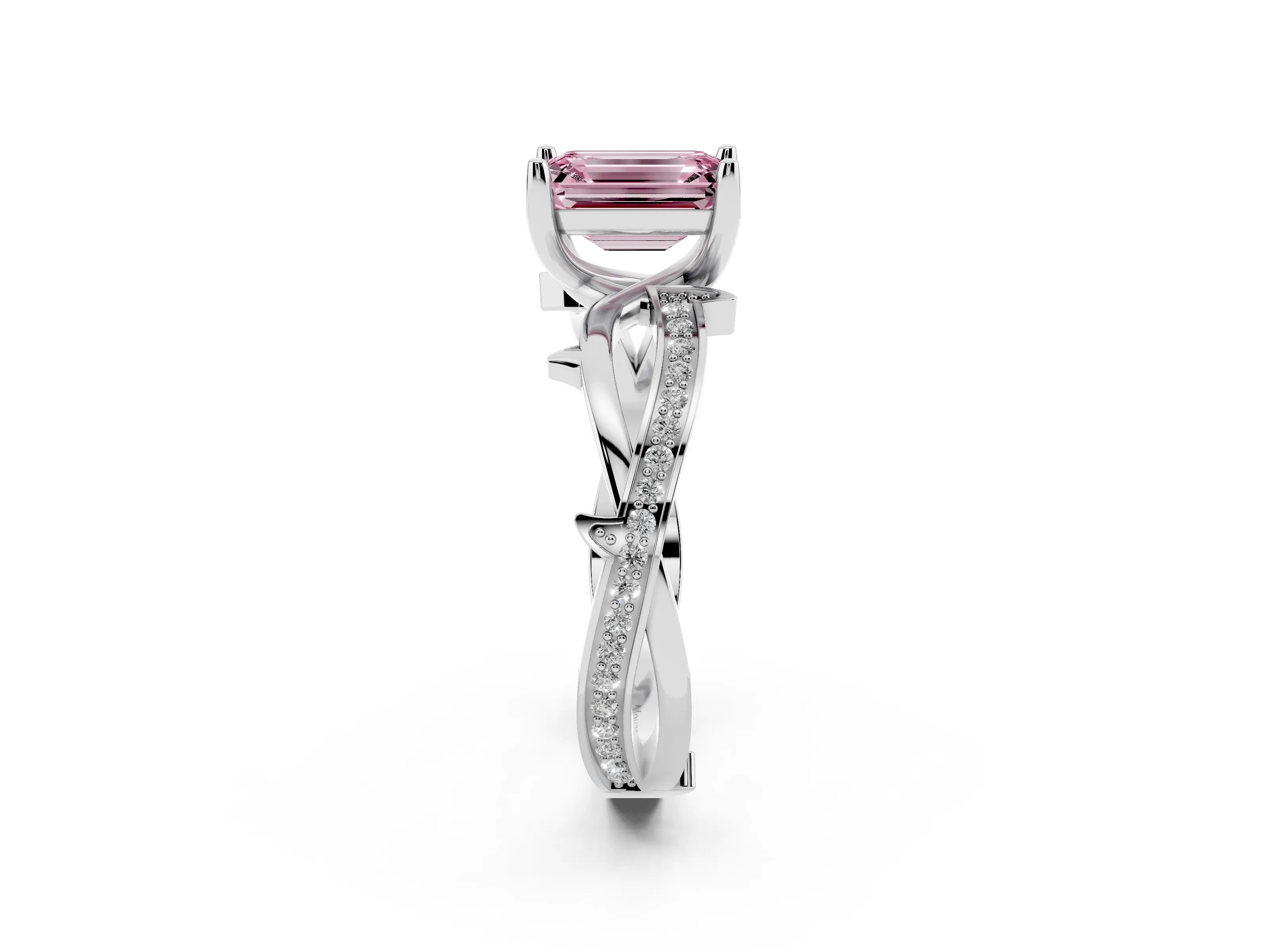 Fancy Pink Emerald Cut Diamond Pavé Twist Band Solitaire Ring Set in Platinum with Prong Setting