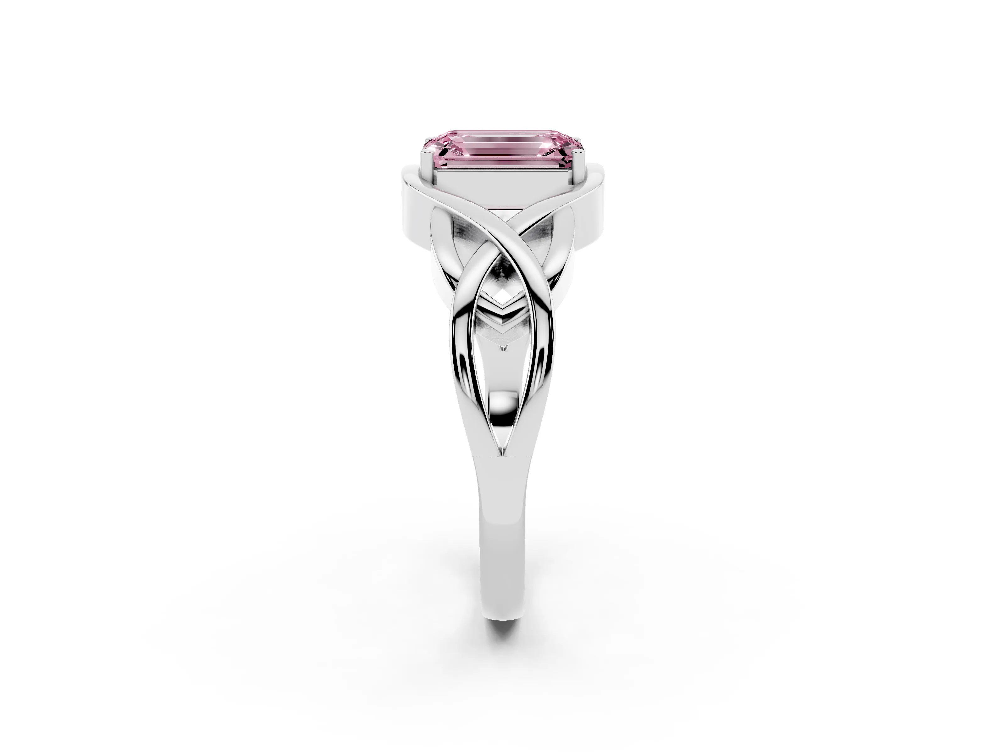 Fancy Pink Emerald Cut Diamond Solitaire Ring Set in Platinum with Intertwined Band