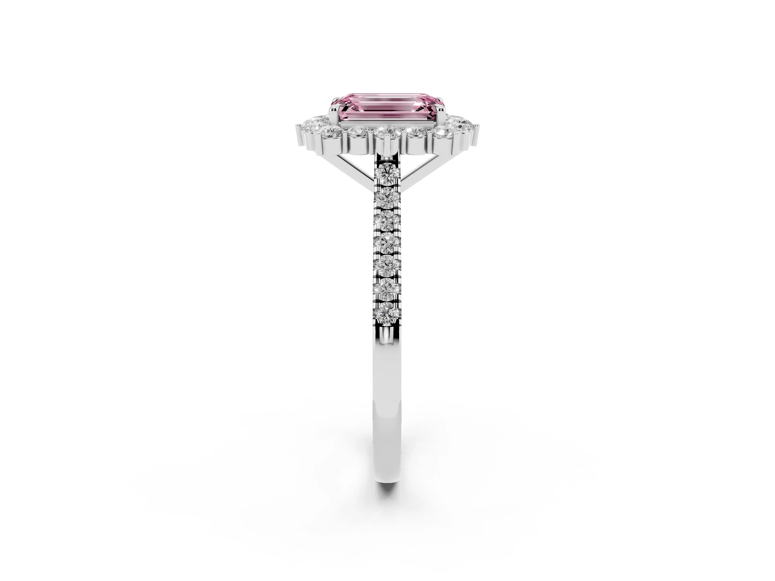 Fancy Pink Emerald Cut Diamond Halo Ring Set in Silver with Pavé Band and Prong Setting