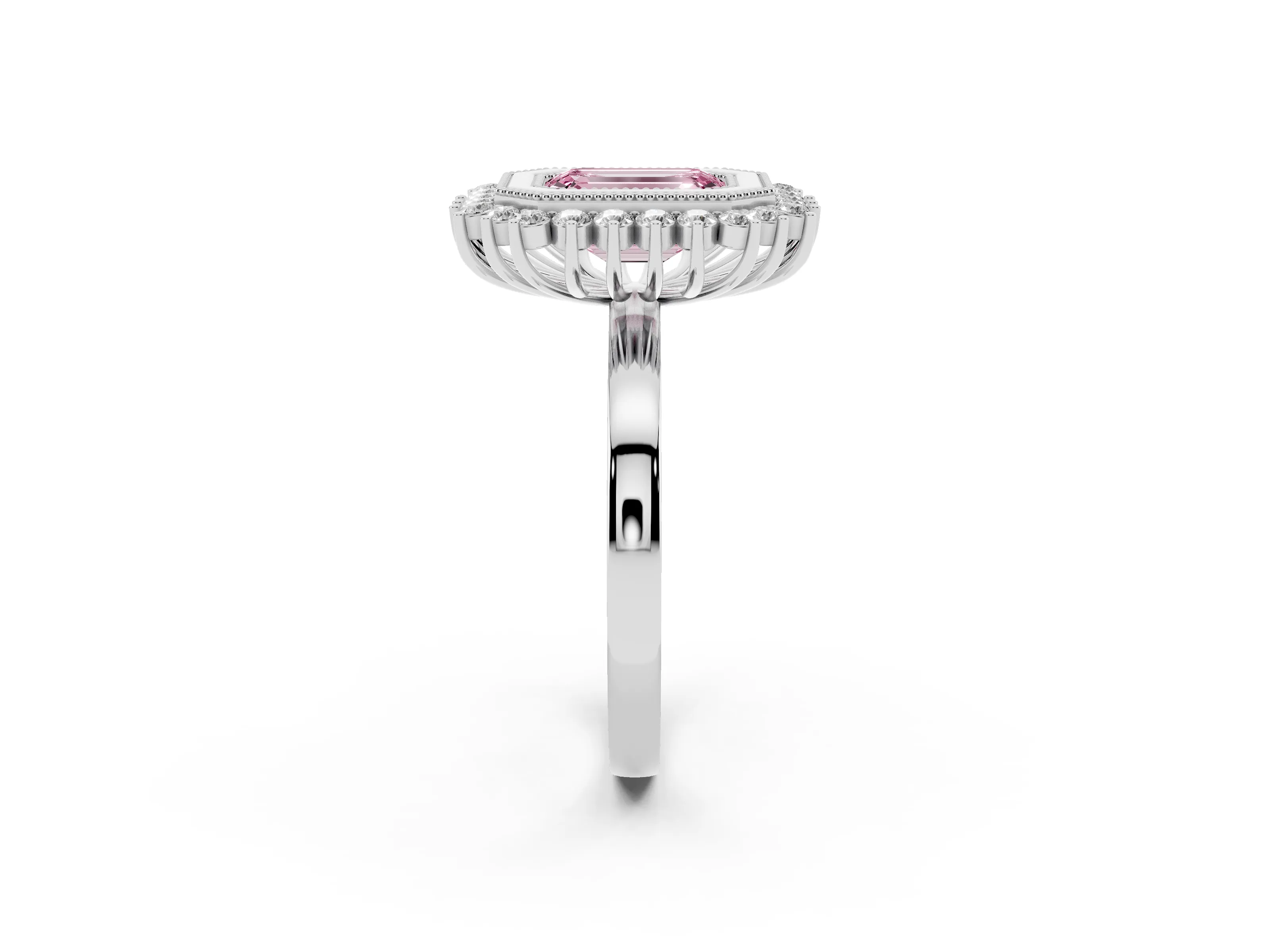 Fancy Pink Emerald Cut Diamond Halo Ring Set in Silver with Milgrain Edge and Round Prong Setting