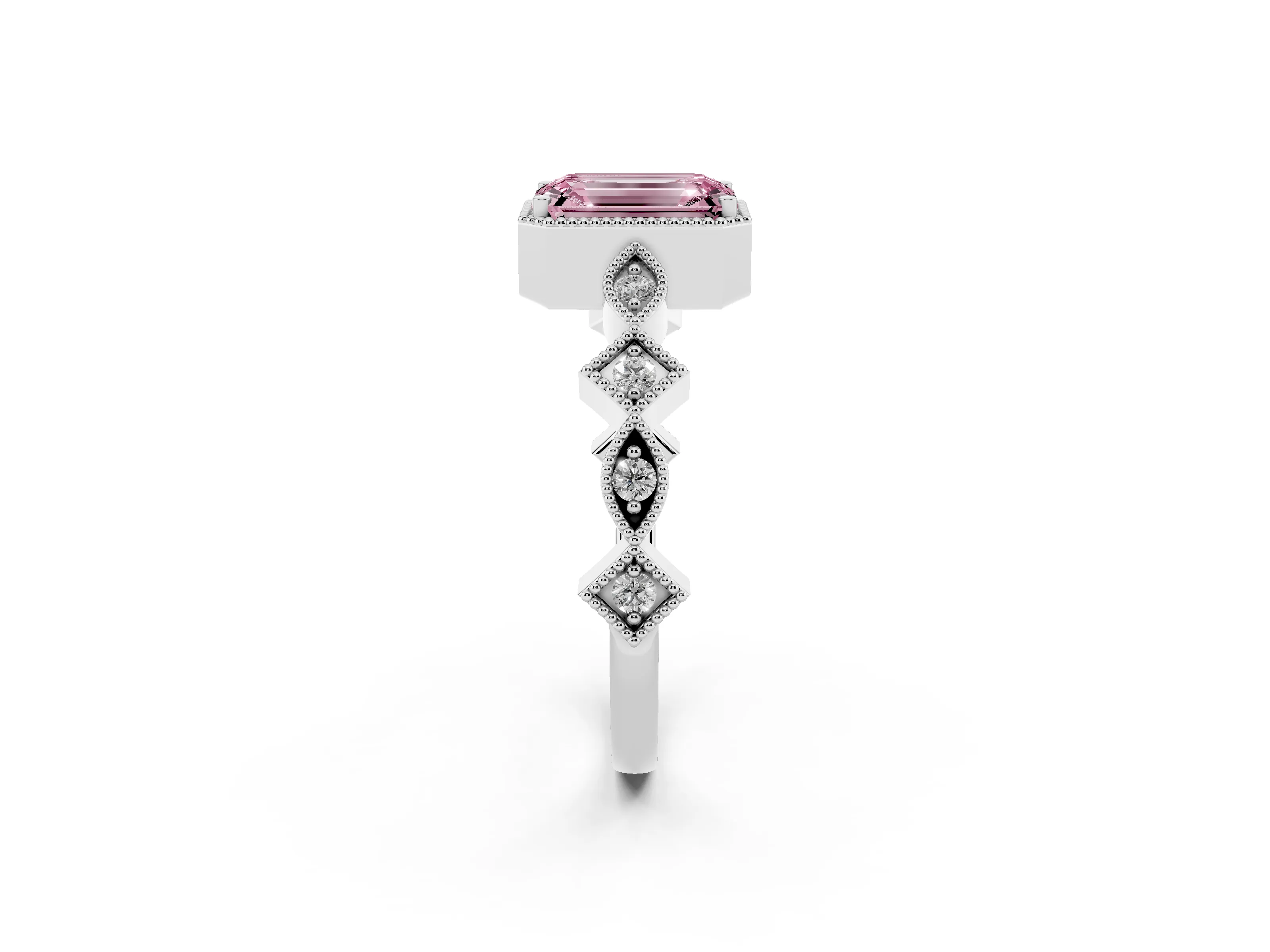 Fancy Pink Emerald Cut Diamond Milgrain Marquise Twist Band Ring Set in Silver with Prong Setting