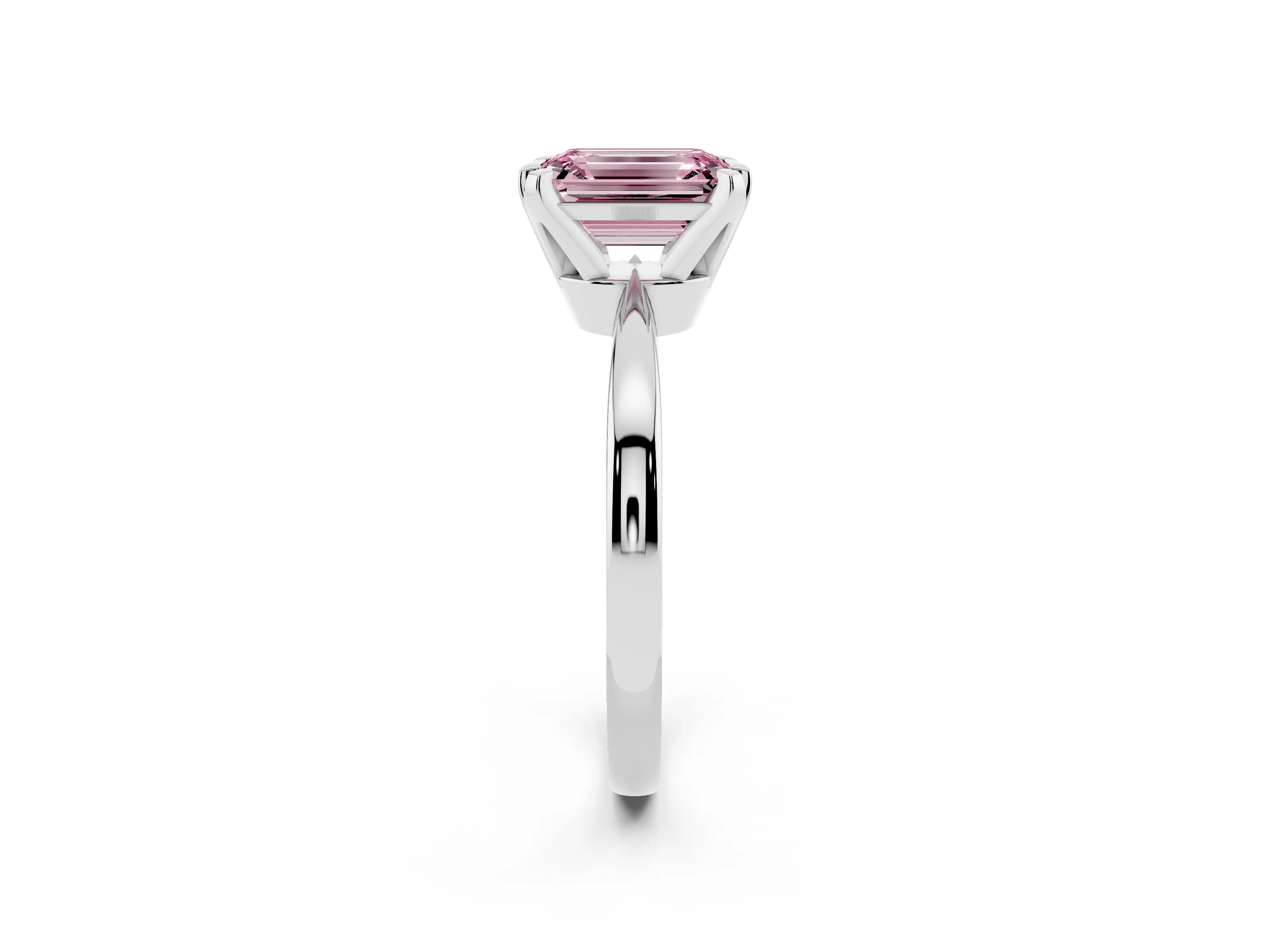 Fancy Pink Emerald Cut Diamond Solitaire Engagement Ring Set in White gold with Slim Tapered Solitaire Band
