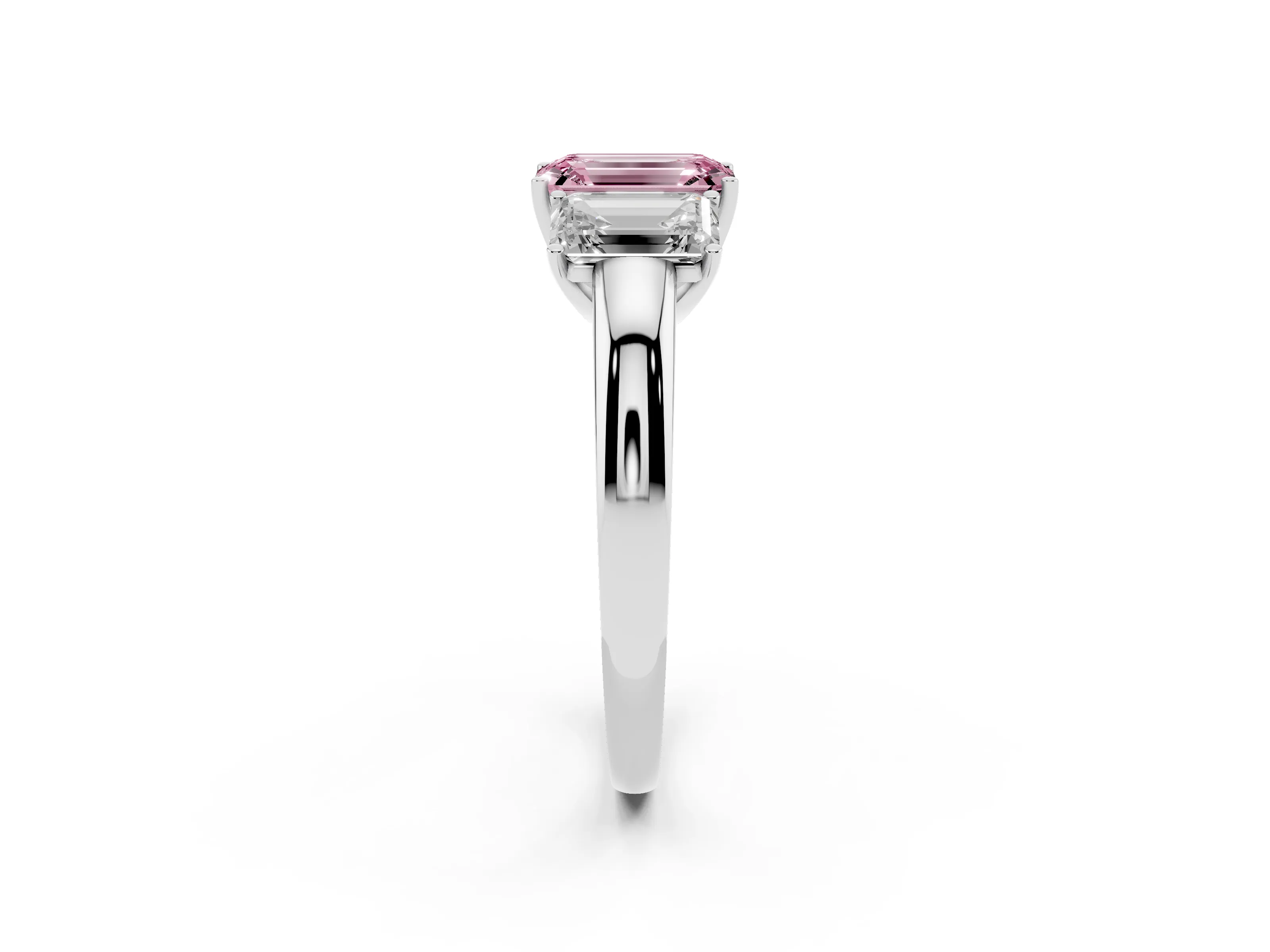 Fancy Pink Emerald Cut Diamond Three-Stone Ring Set in Silver with Bold Center and Classic Band