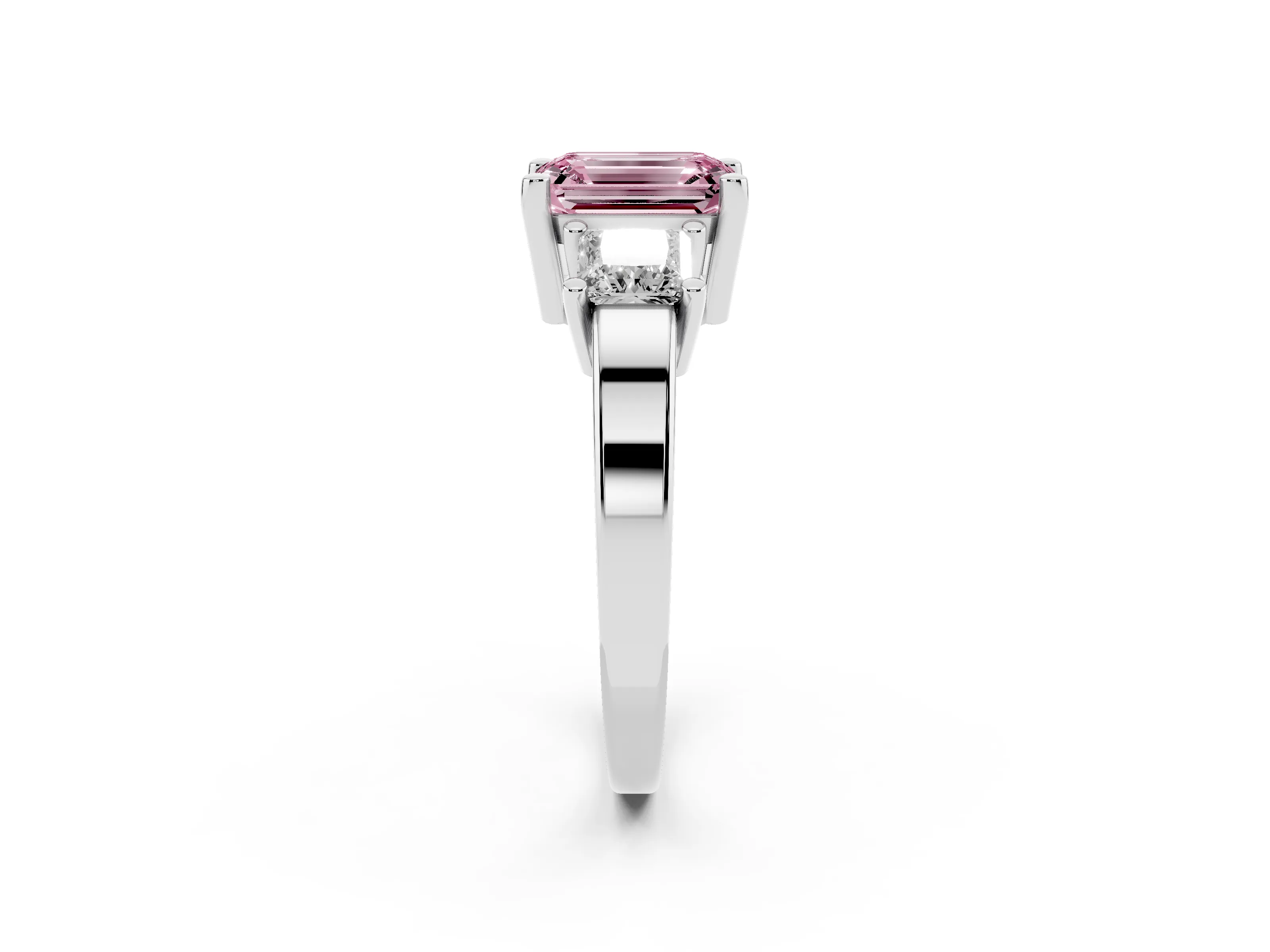 Fancy Pink Three-Stone Emerald Cut Diamond Solitaire Ring Set in Platinum with Prong Setting
