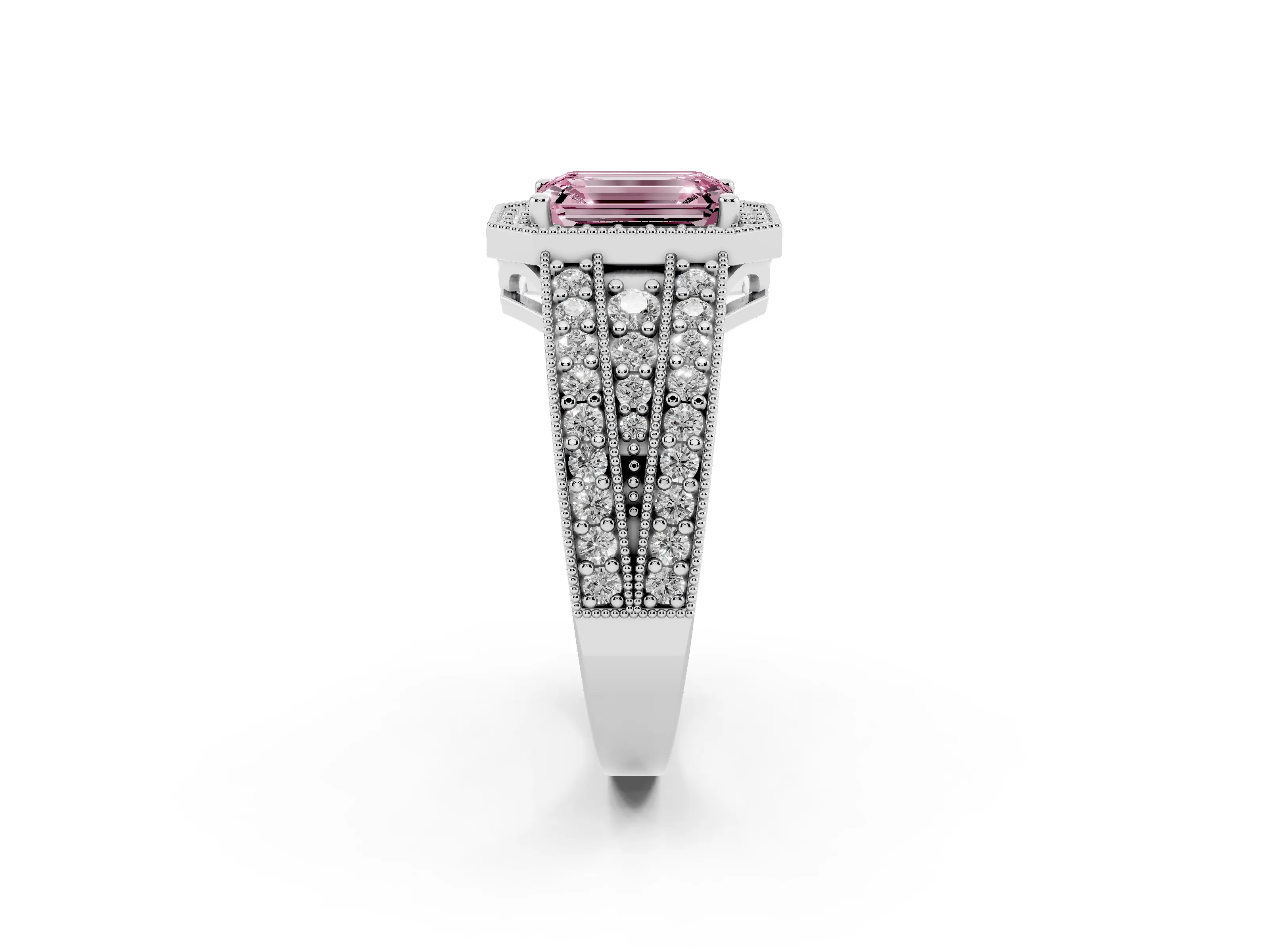 Fancy Pink Emerald Cut Diamond Halo Ring Set in Platinum with Accent Split Shank and Prong Setting