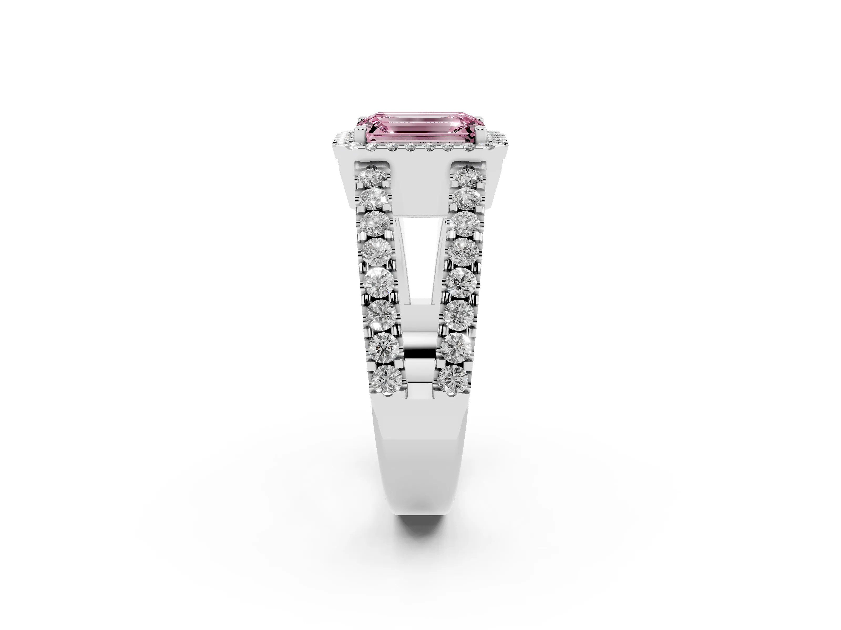 Fancy Pink Emerald Cut Diamond Halo Ring Set in Platinum with Pavé Split Shank and Prong Setting