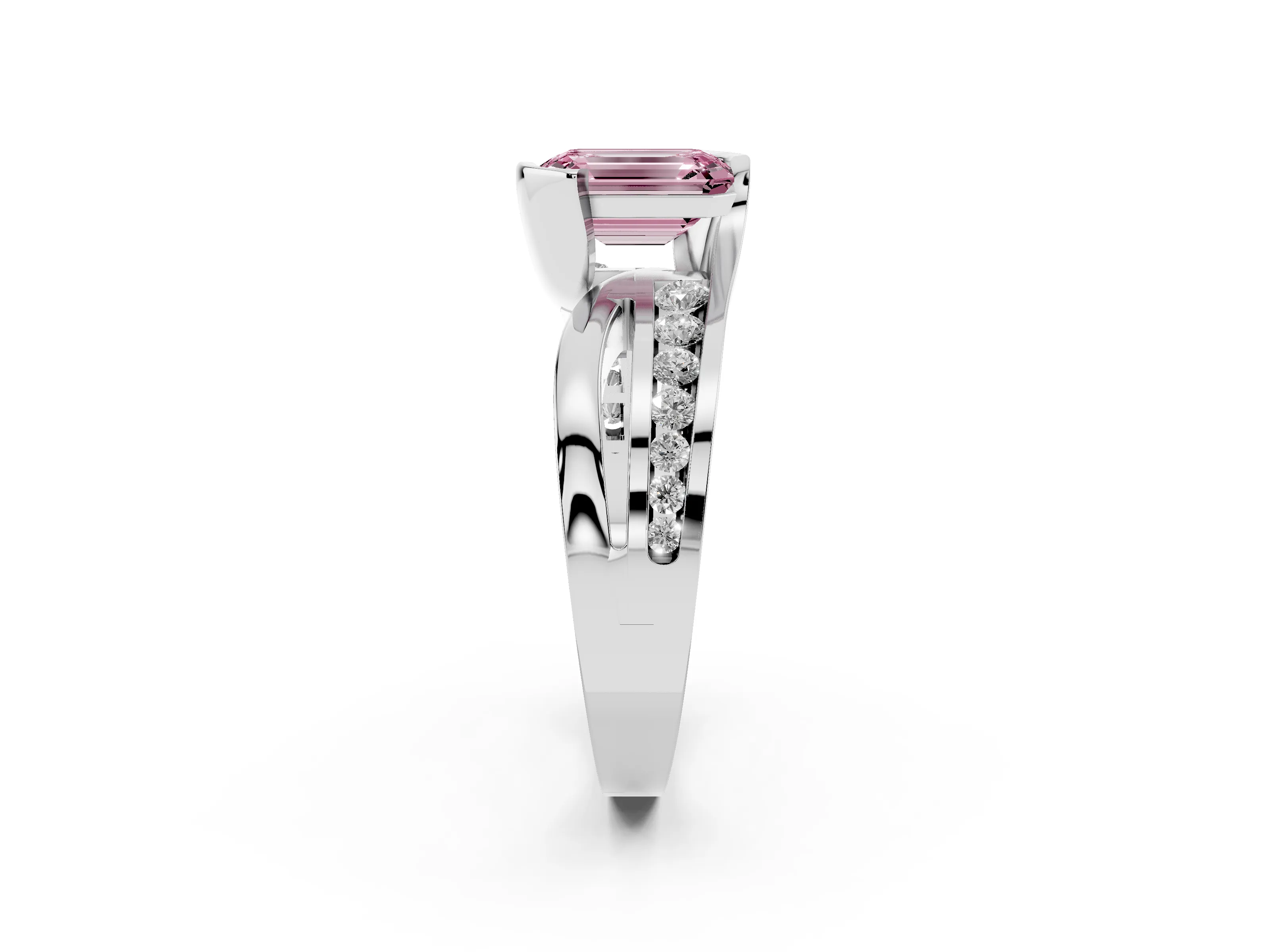 Fancy Pink Emerald Cut Diamond Solitaire Ring Set in Silver with Channel Set Split Shank and Tension Prongs