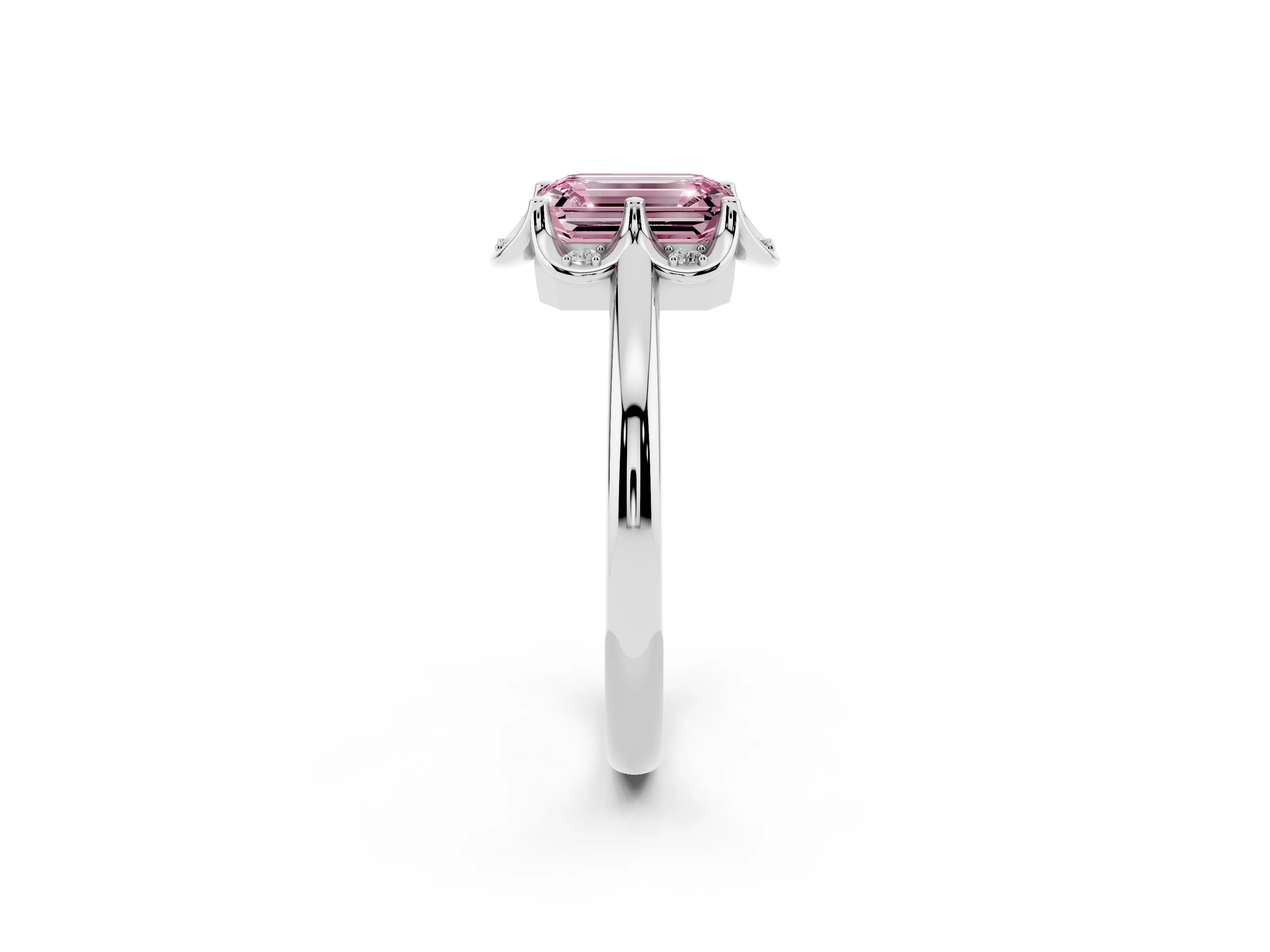 Fancy Pink Emerald Cut Diamond Round Cluster Halo Ring Set in Silver with Solitaire Band and Prong Setting