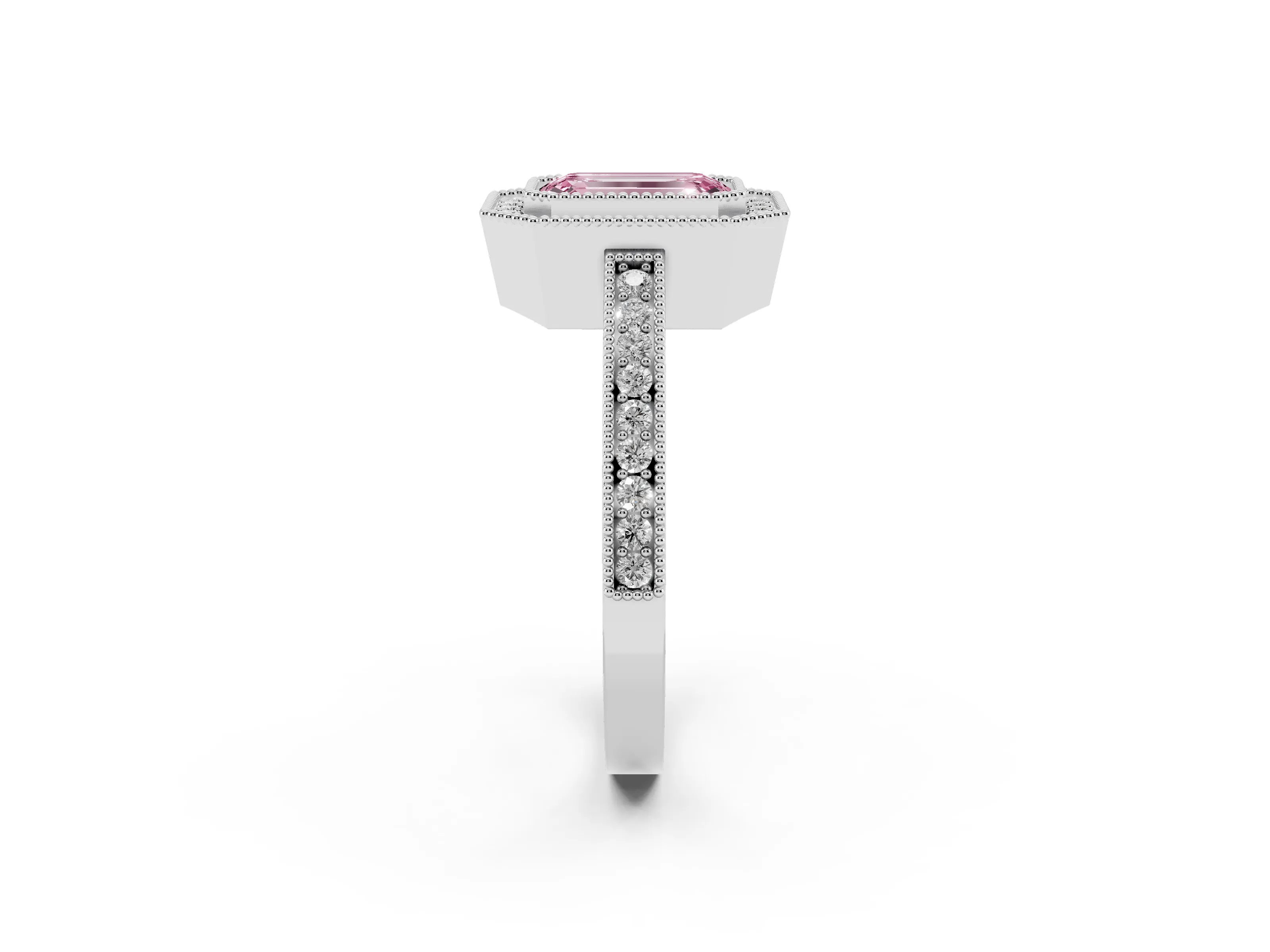 Fancy Pink Emerald Cut Diamond Round Halo Ring Set in Silver with Pavé Band