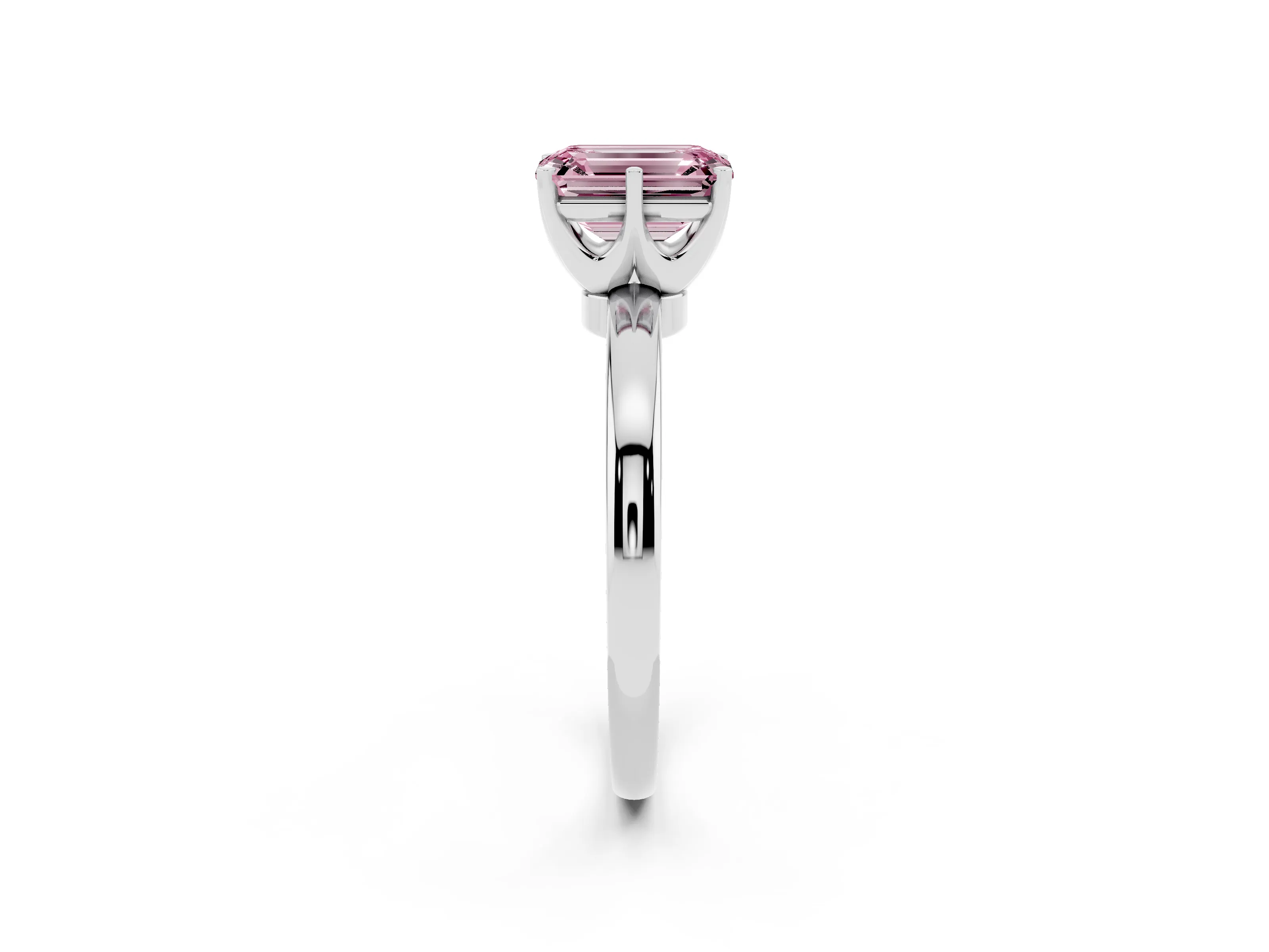 Fancy Pink Emerald Cut Diamond Solitaire Ring Set in Silver with Raised Prong Setting on a Classic Band