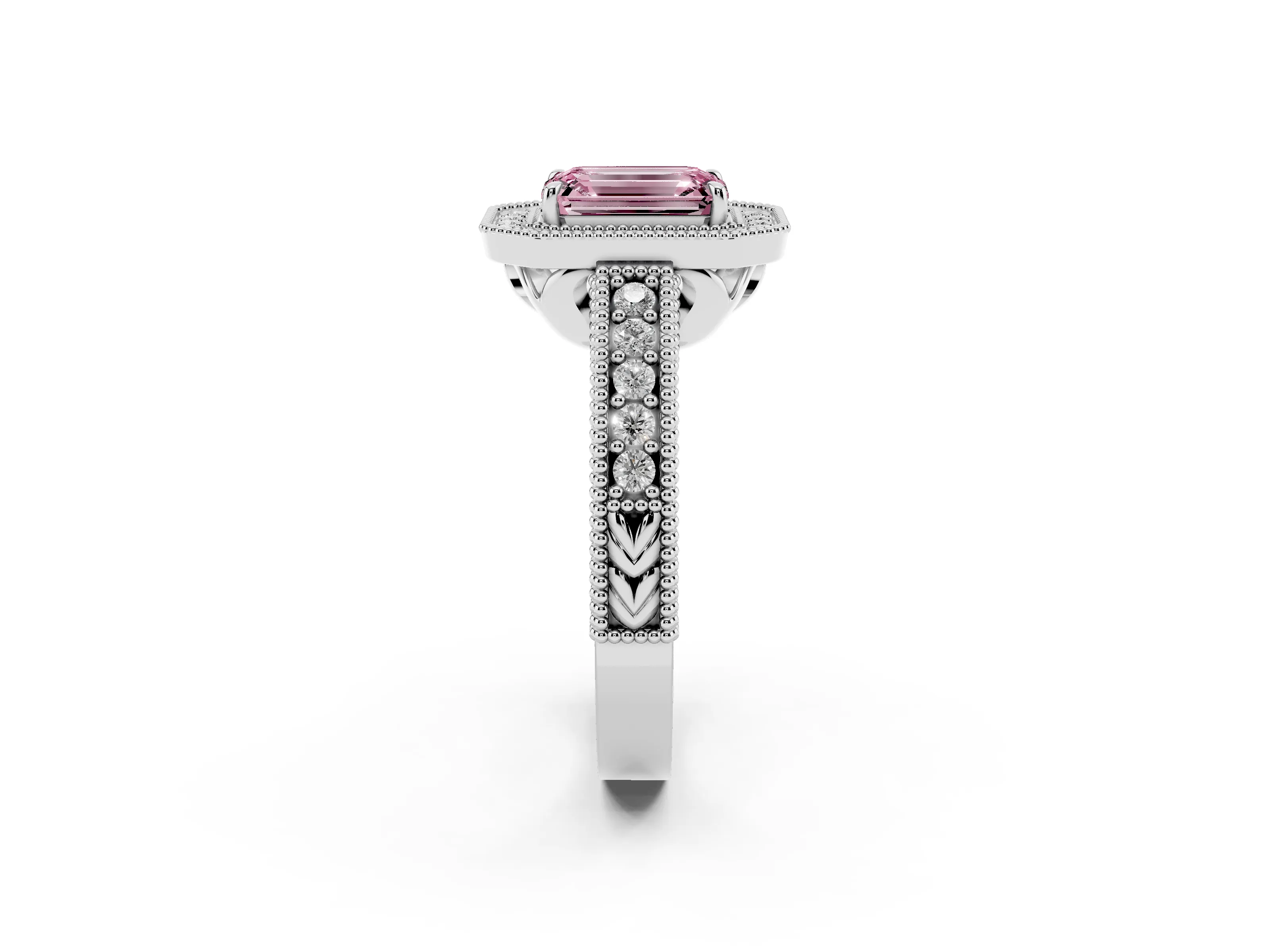 Fancy Pink Emerald Cut Diamond Halo Ring Set in White gold with Round Accent Halo, Pavé Band and Prong Setting