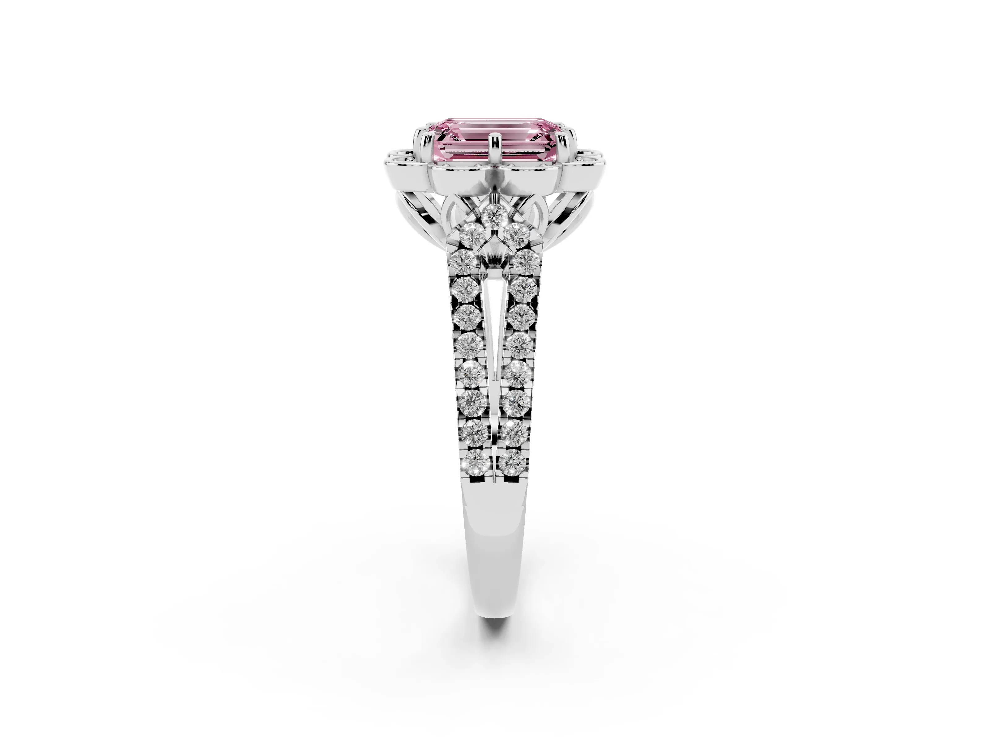 Fancy Pink Emerald Cut Diamond Floral Halo Split Shank Engagement Ring Set in White gold with Pavé Shank