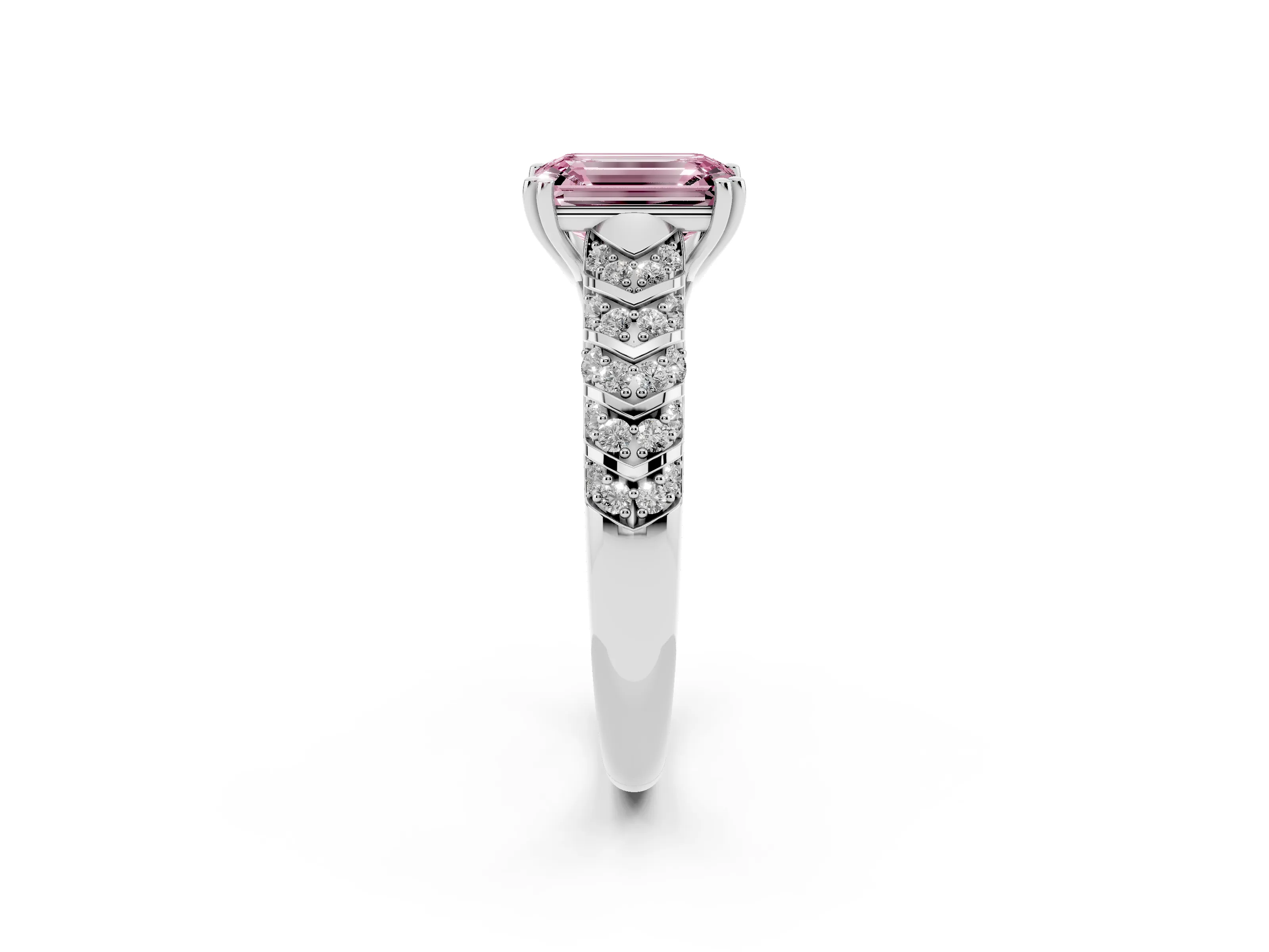 Fancy Pink Emerald Cut Diamond Solitaire Chevron Pavé Engagement Ring Set in Silver with Prong Setting
