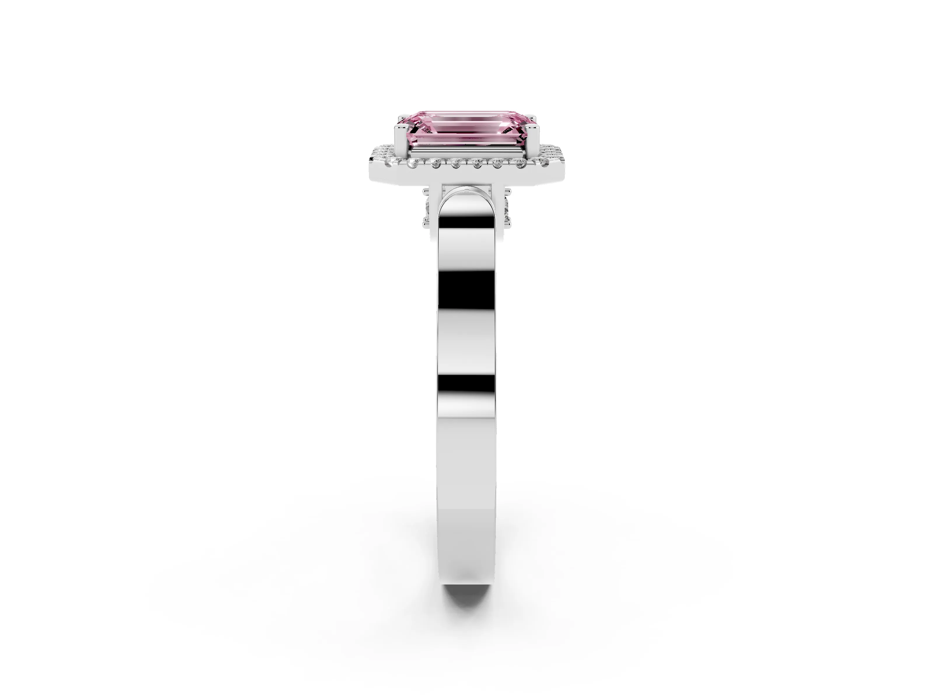 Fancy Pink Emerald Cut Diamond Halo Ring Set in Platinum with Pavé-Lined Split Shank Band
