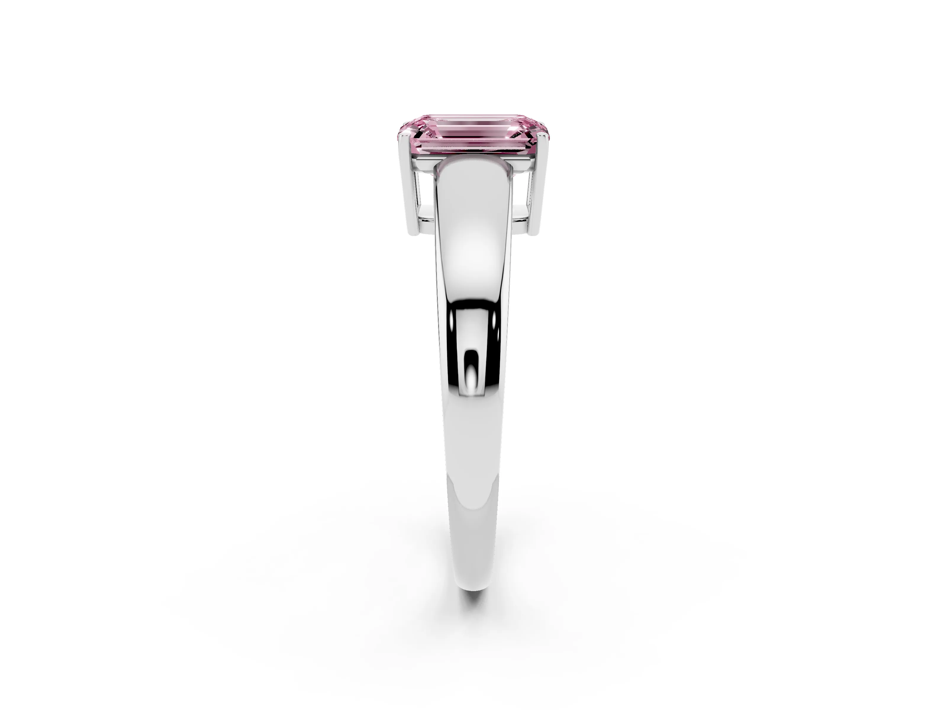 Fancy Pink Emerald Cut Diamond Solitaire Ring Set in White gold with Tapered Band and Prong Setting