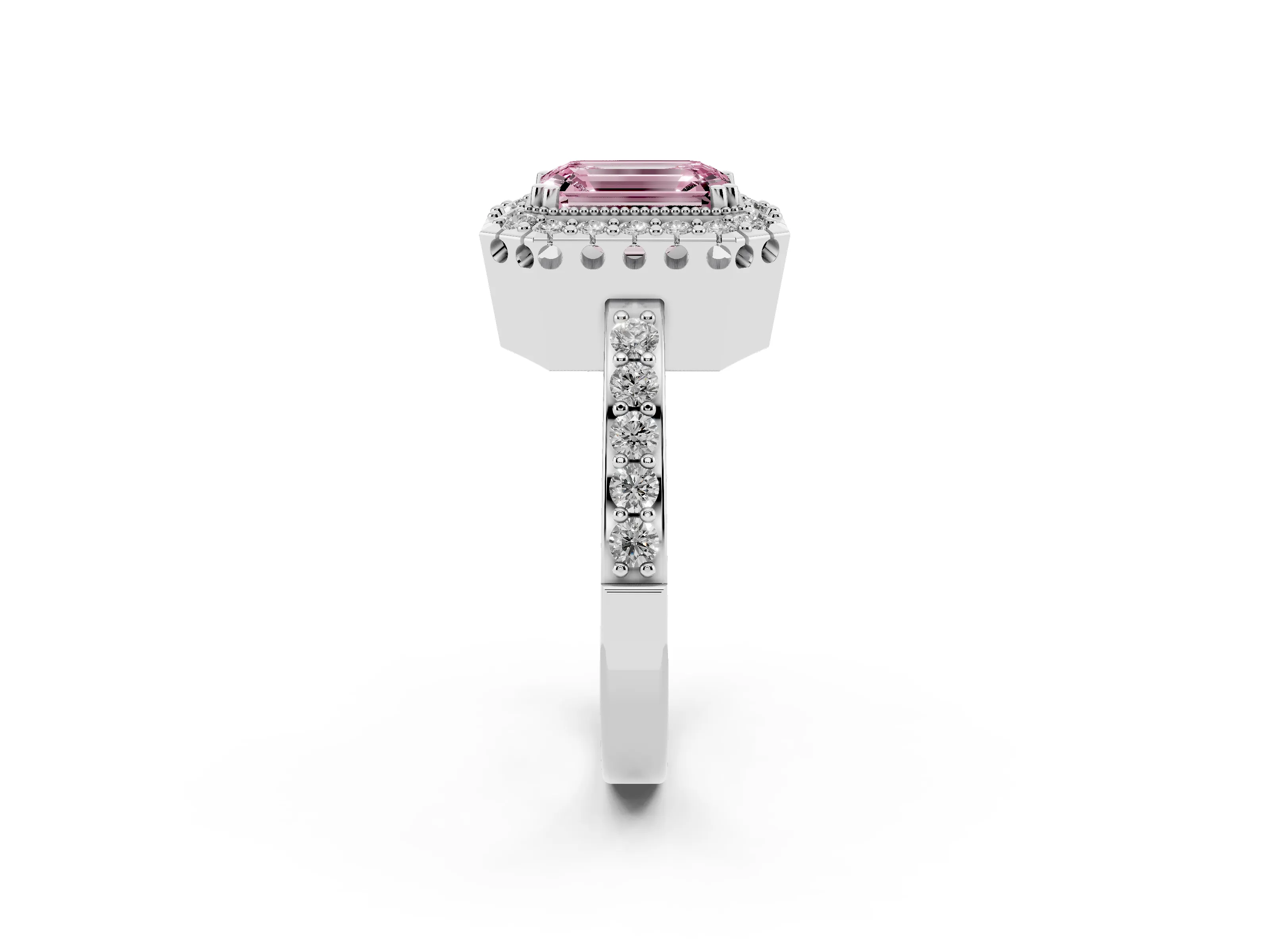 Fancy Pink Emerald Cut Diamond Halo Ring Set in Platinum with Pavé Shank and Prong Setting