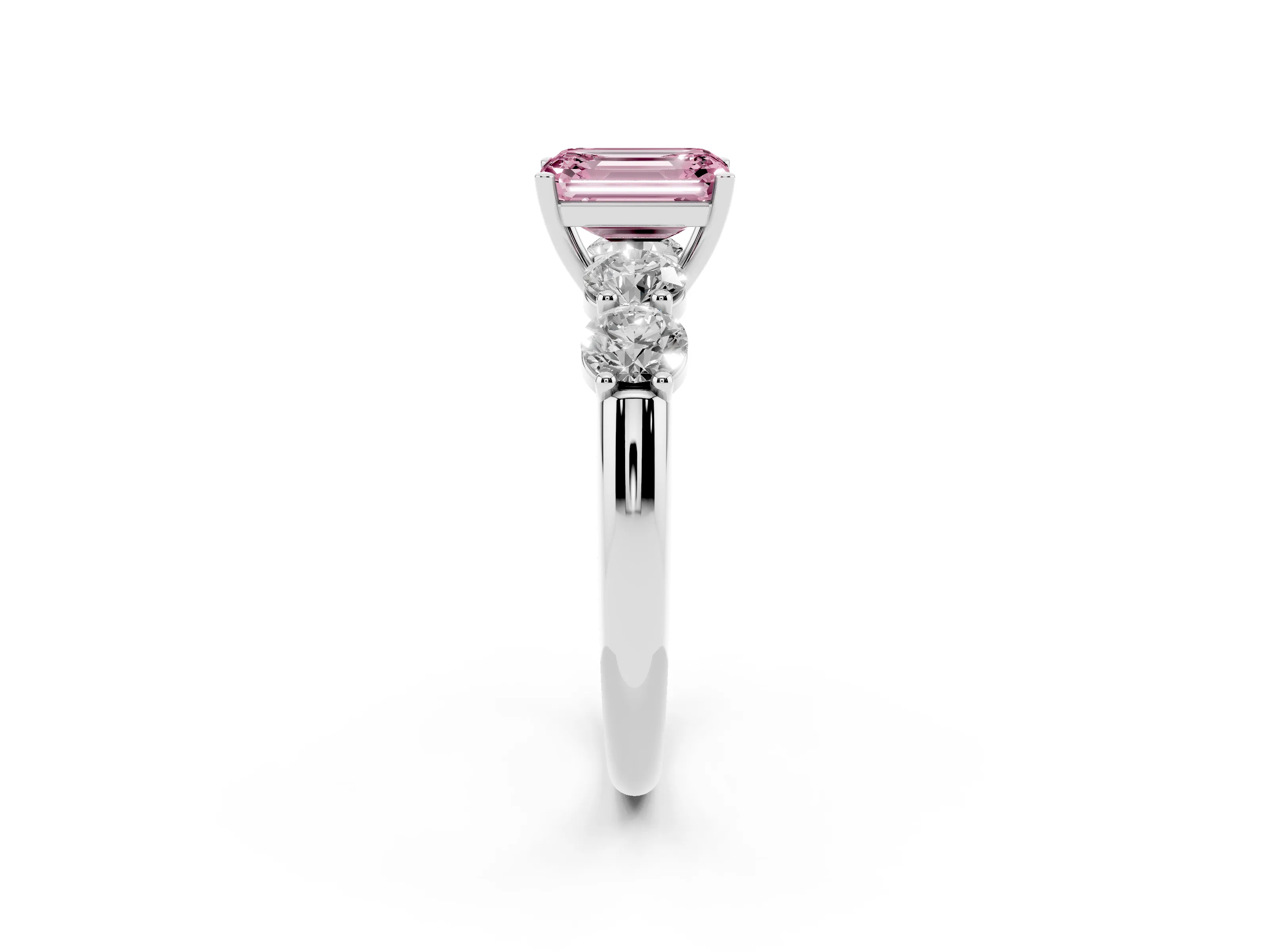 Fancy Pink Emerald Cut Diamond Five-Stone Prong Set Ring Set in White gold with Classic Band