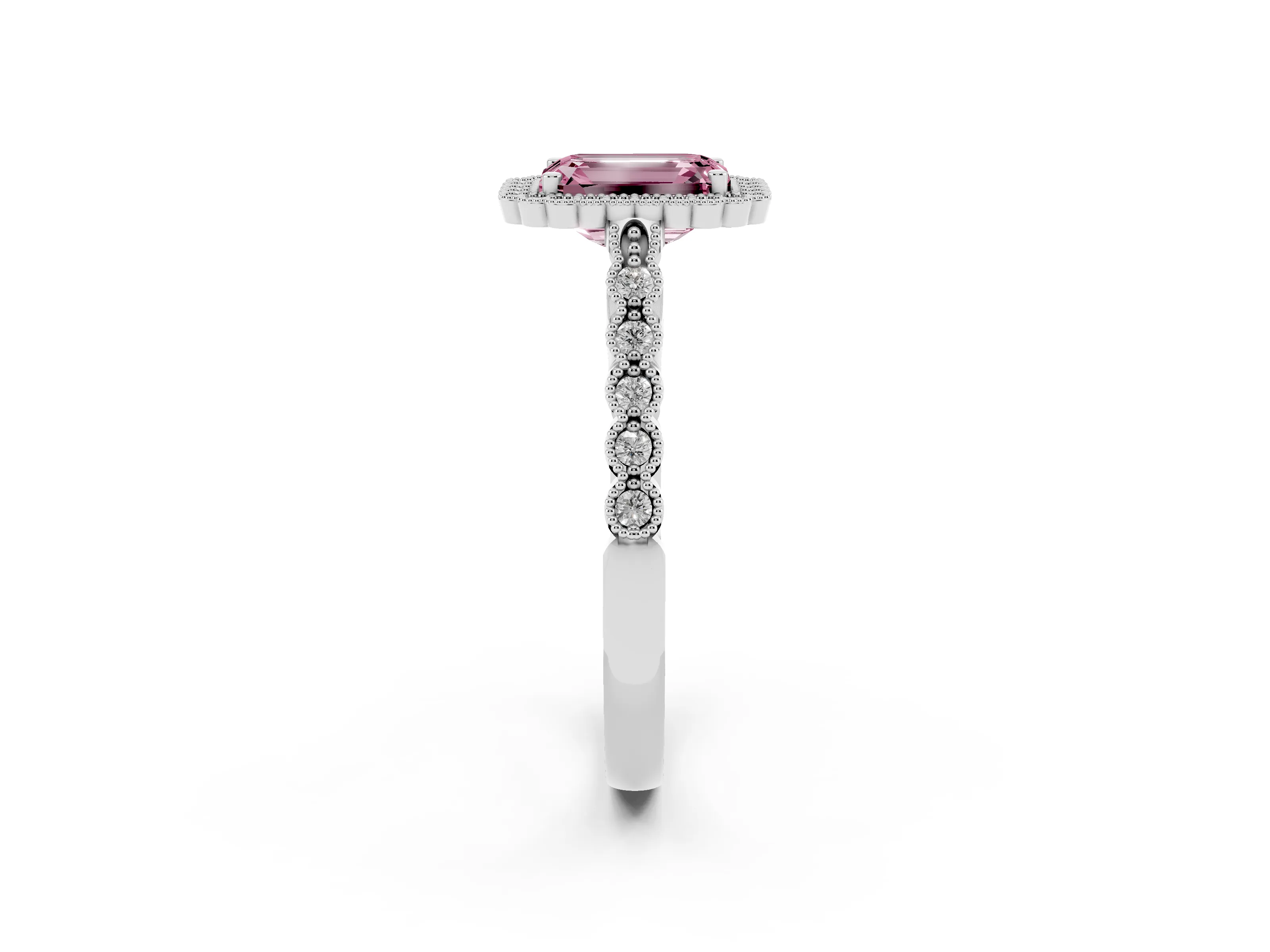 Fancy Pink Emerald Cut Diamond Halo Ring Set in White gold with Pavé Milgrain Band