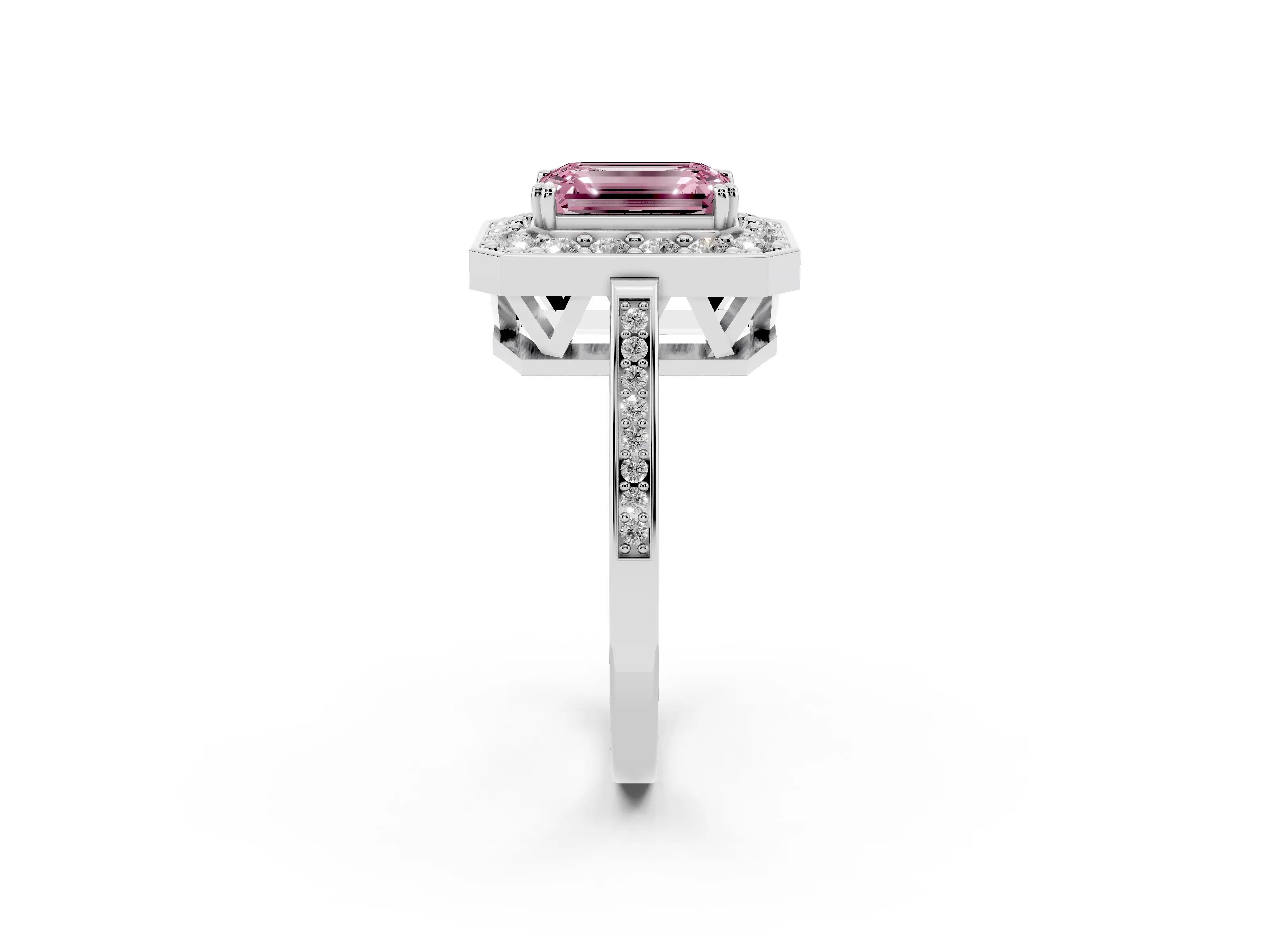 Fancy Pink Emerald Cut Diamond Halo Ring Set in White gold with Accent-Lined Split Shank and Prong Setting