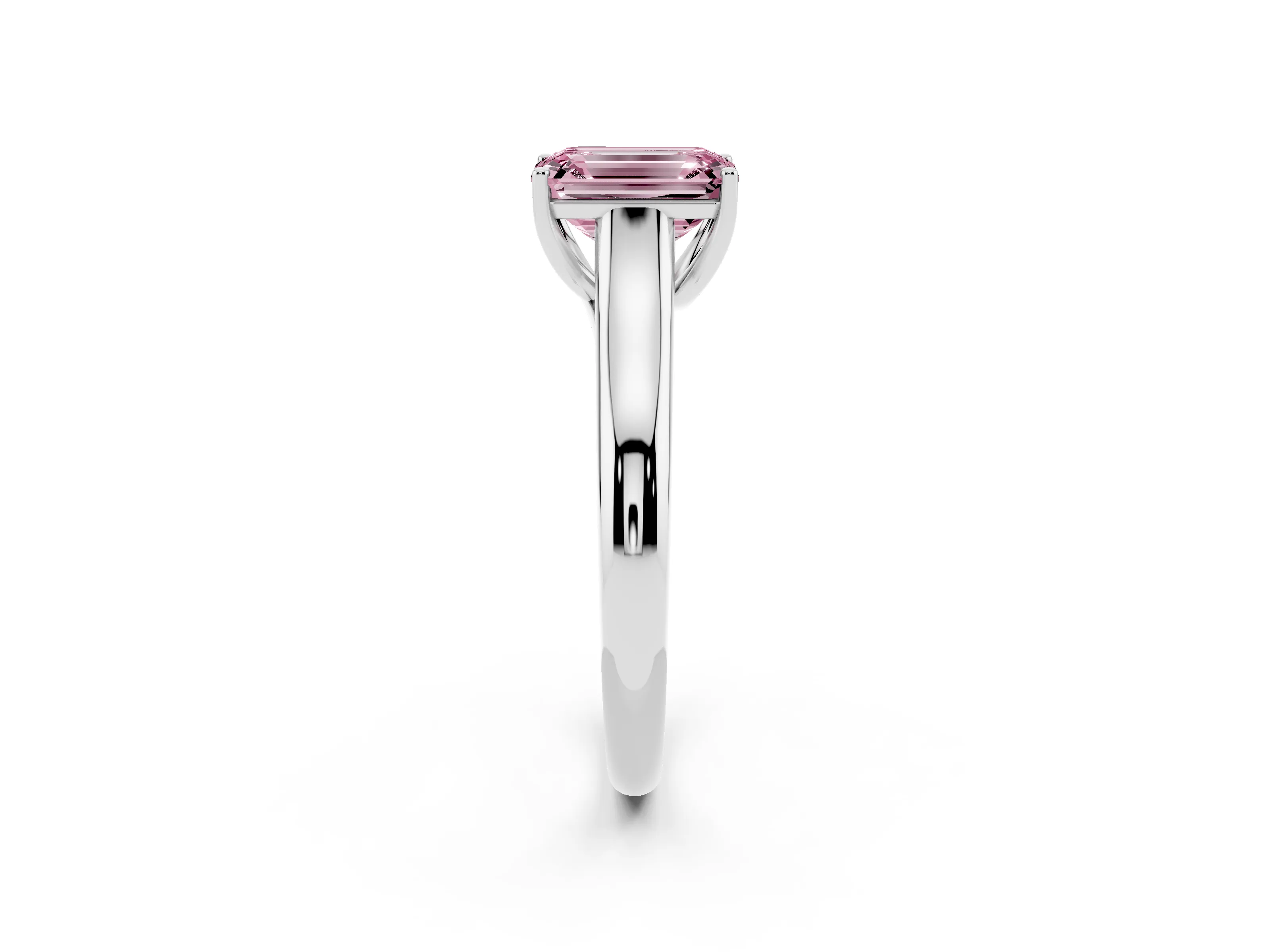 Fancy Pink Emerald Cut Diamond Solitaire Engagement Ring Set in White gold with Subtly Tapered Band and Prong Setting