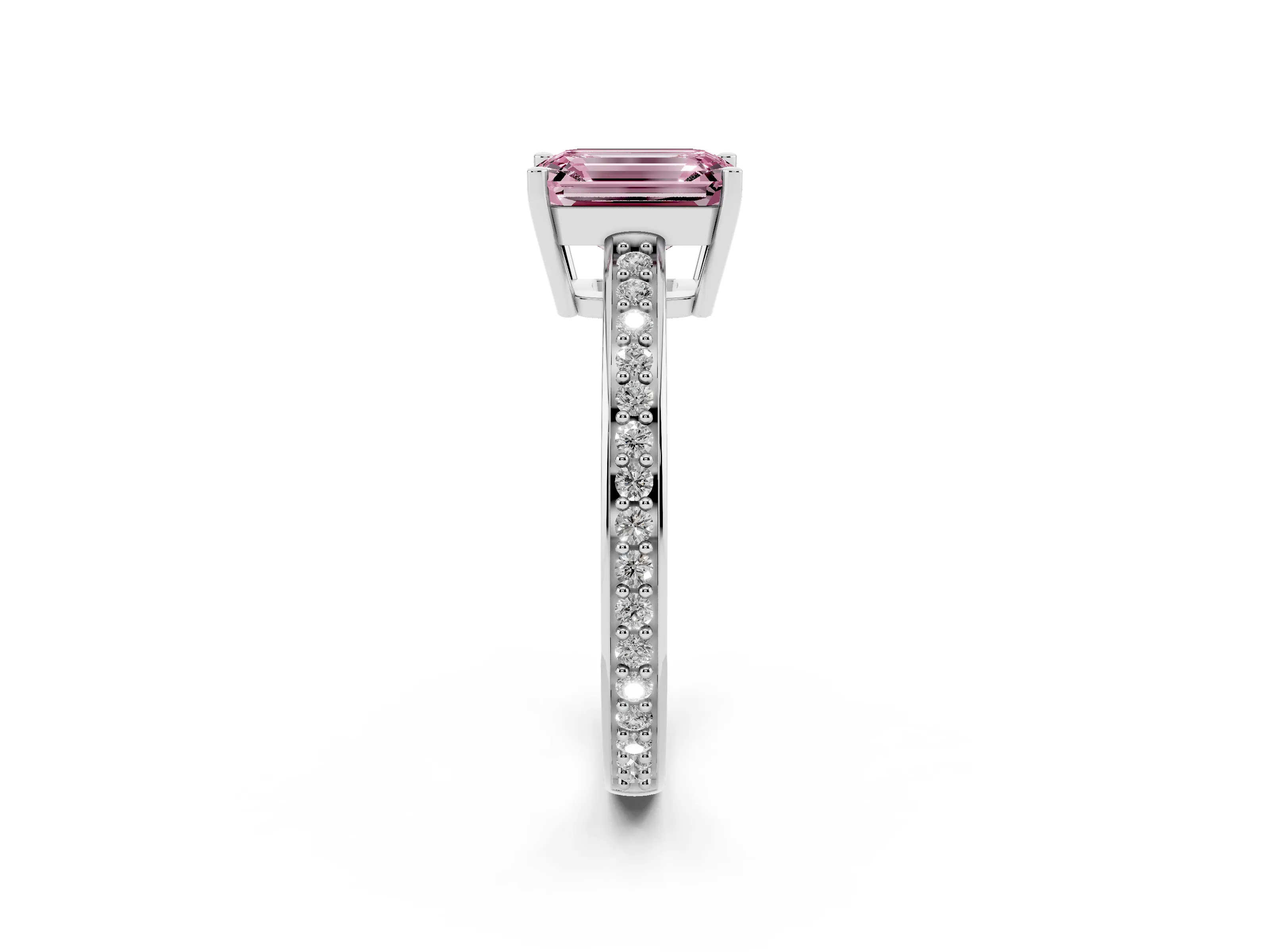 Fancy Pink Emerald Cut Diamond Pavé Band Prong Set Solitaire Ring Set in White gold