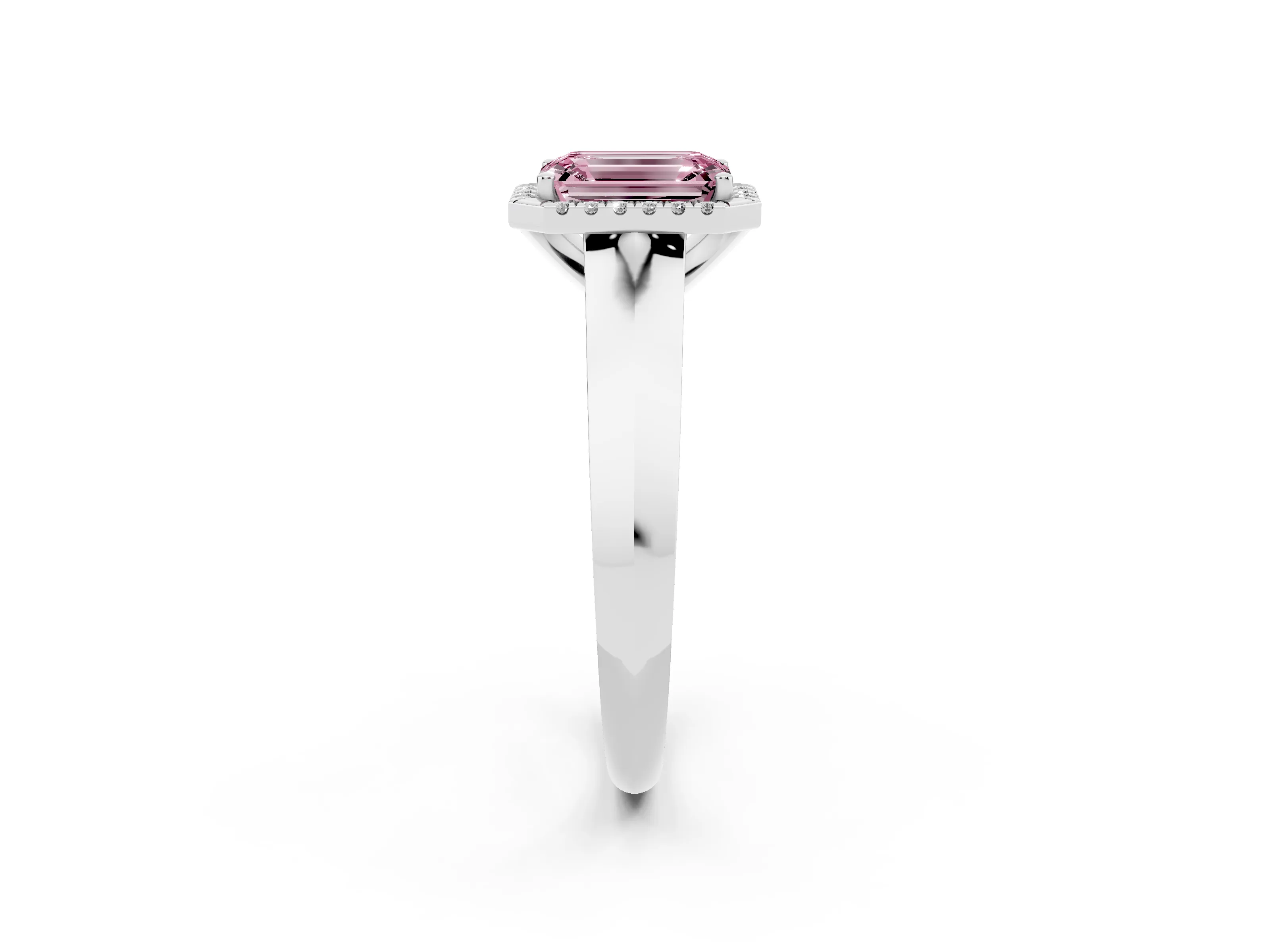 Fancy Pink Emerald Cut Diamond Halo Ring Set in Platinum with Cathedral Band and Prong Setting