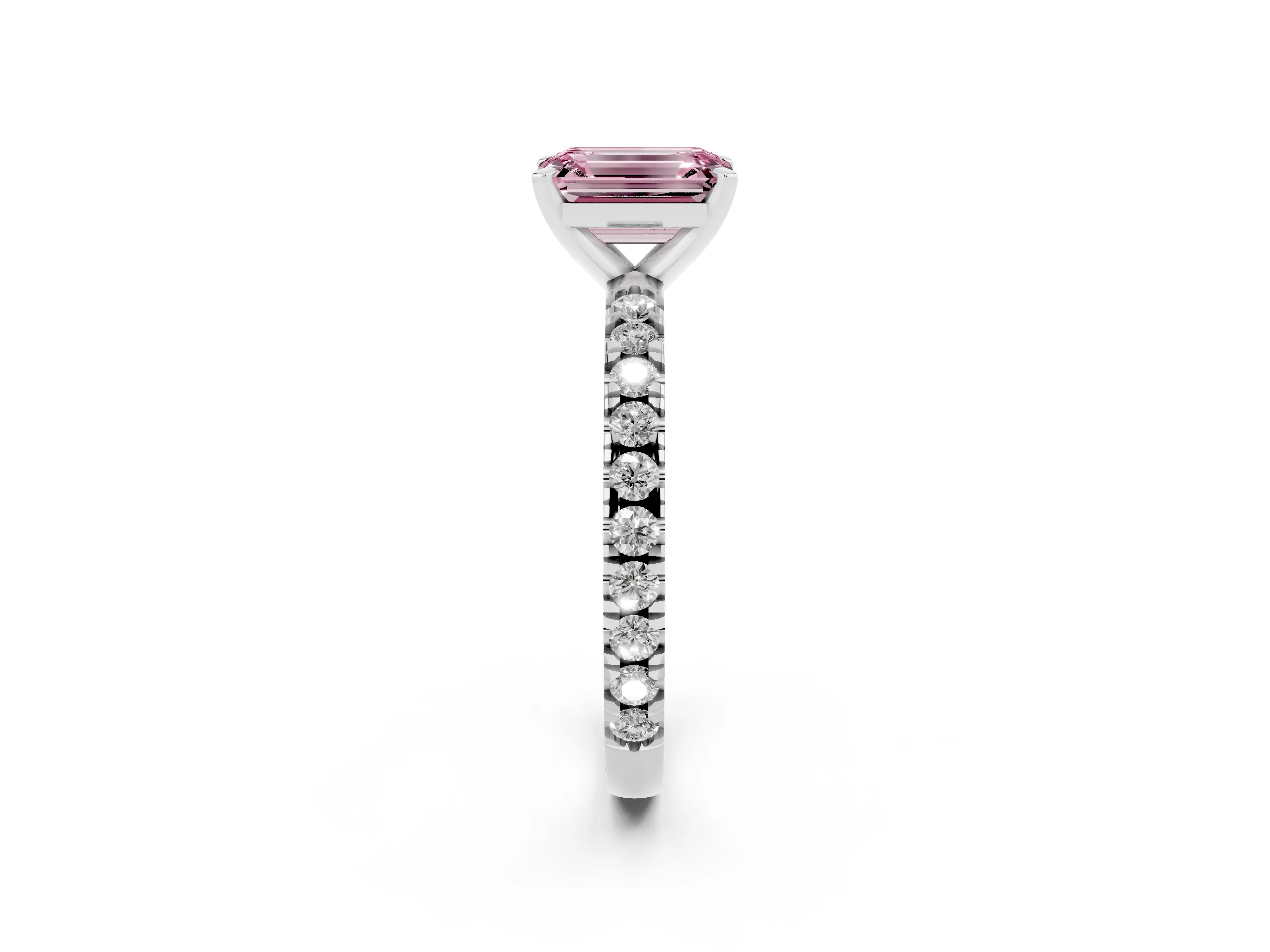 Fancy Pink Emerald Cut Diamond Pavé Band Solitaire Set in Platinum with Prong Setting