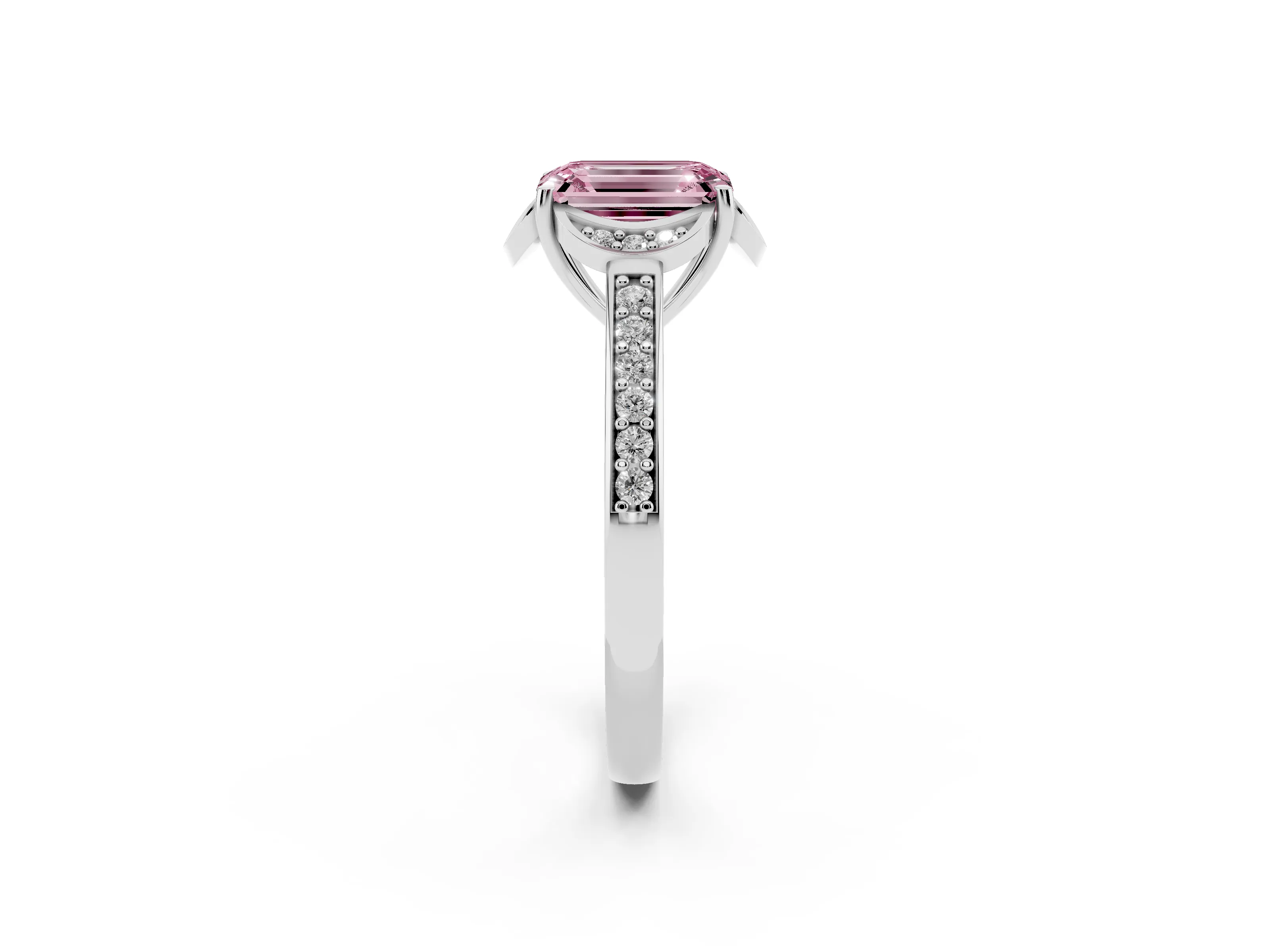 Fancy Pink Emerald Cut Diamond Halo Ring Set in Silver with Channel Set Band and Prong Setting