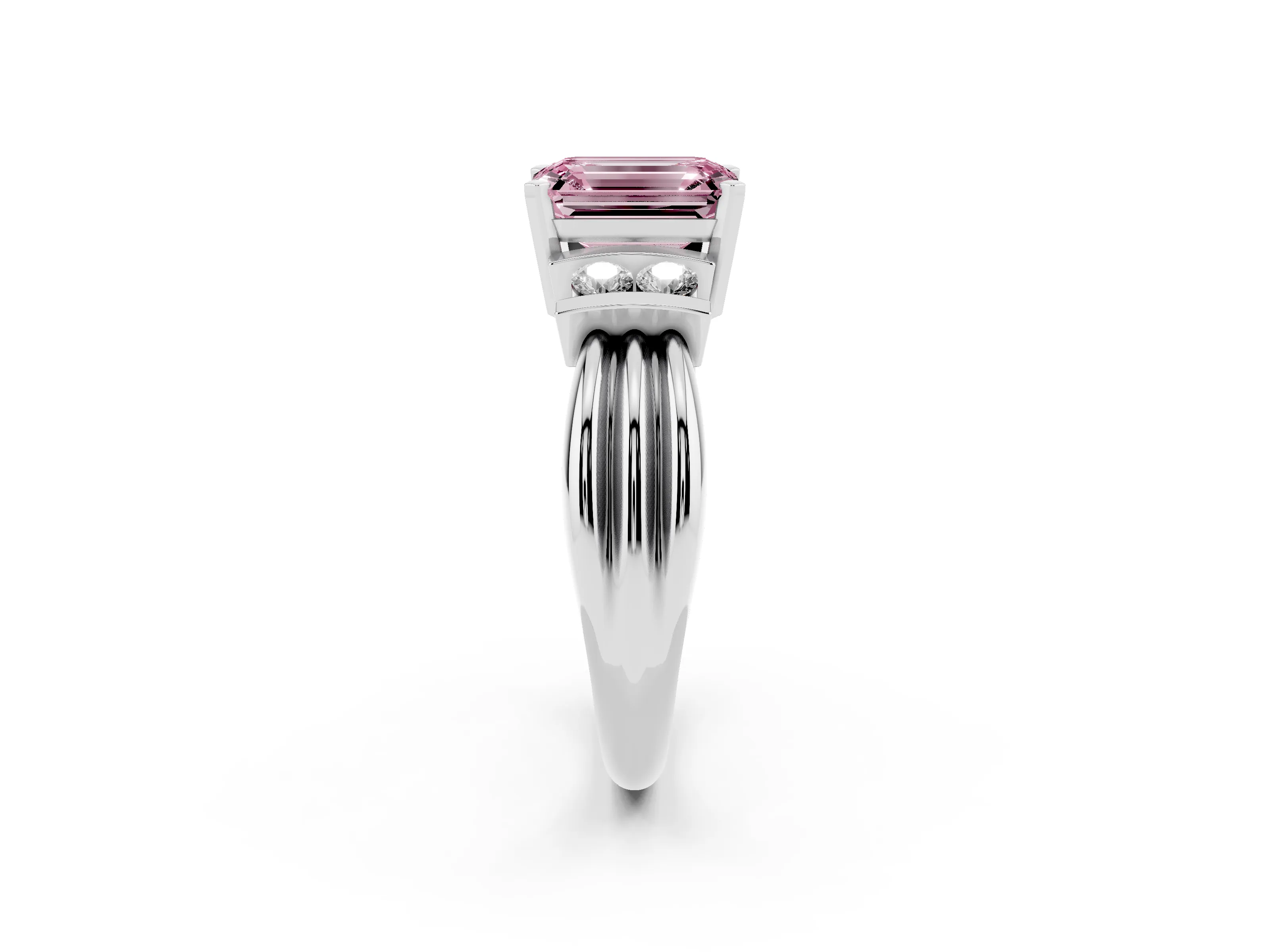 Fancy Pink Three-Stone Emerald Cut Diamond Channel Set Ring Set in White gold with Bar Prongs