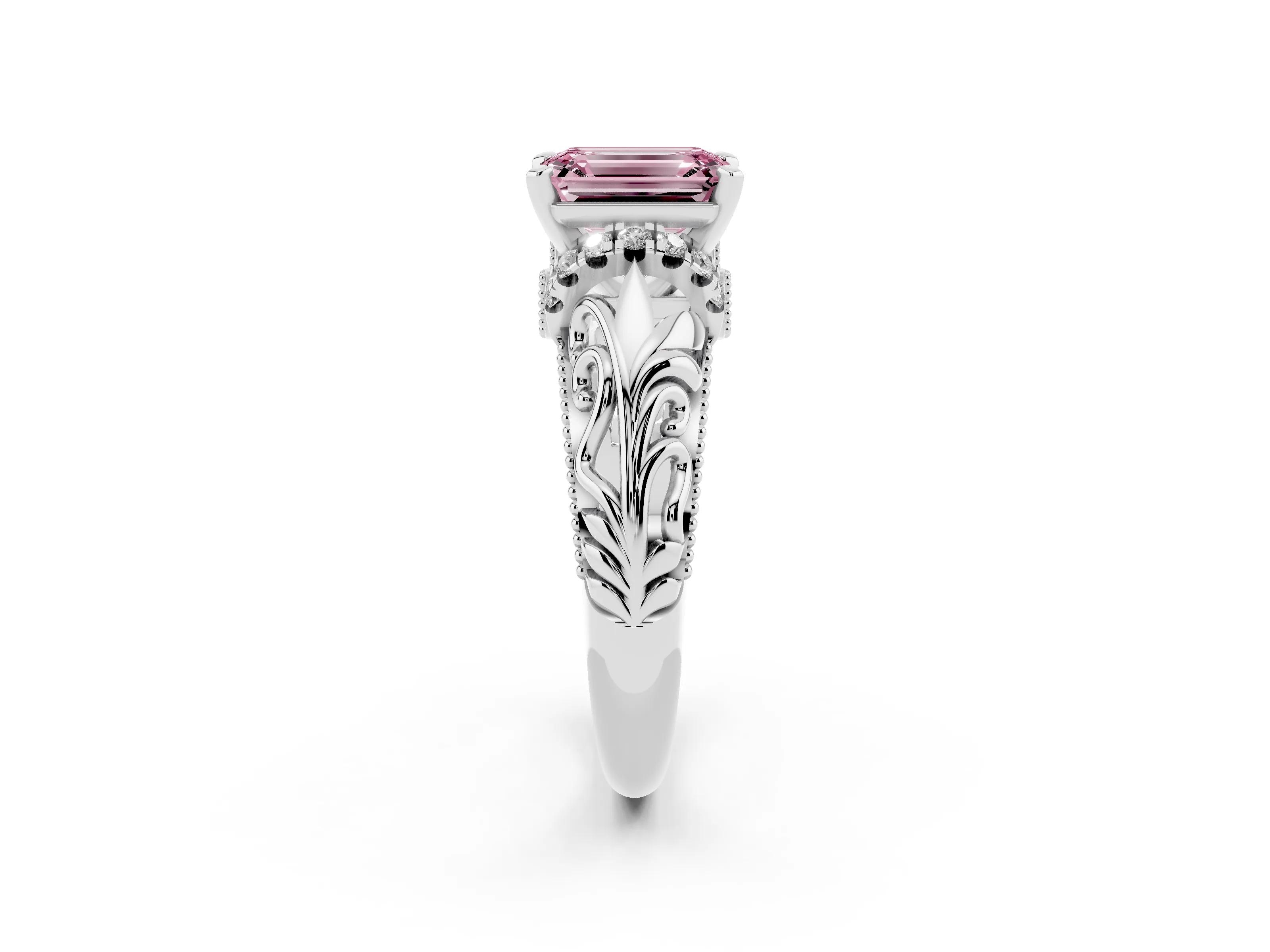 Fancy Pink Emerald Cut Diamond Filigree Halo Engagement Ring Set in White gold with Prong Setting