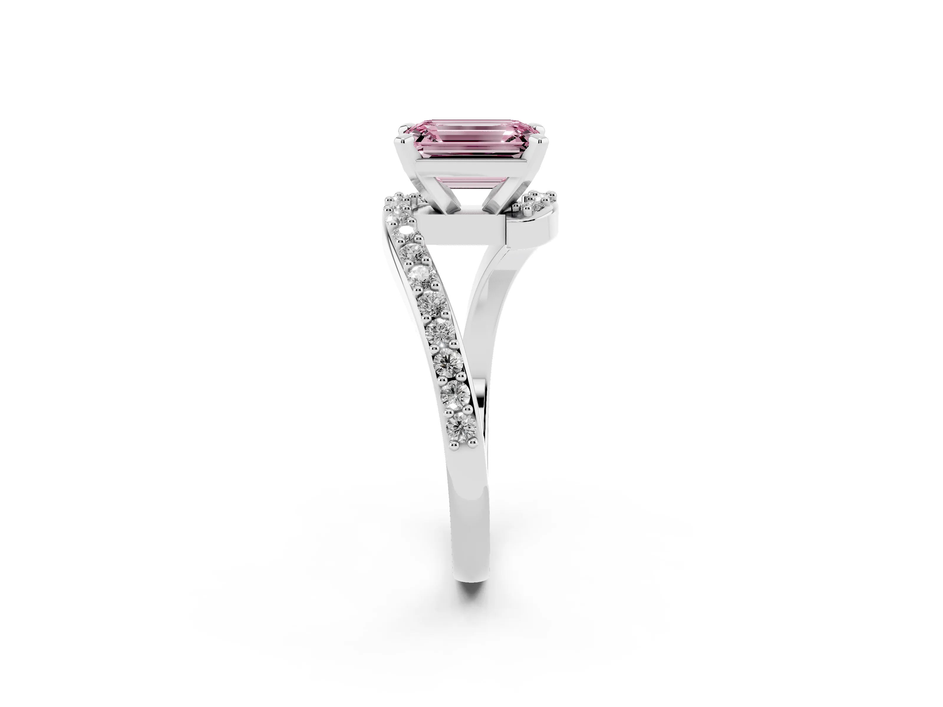 Fancy Pink Emerald Cut Diamond Solitaire Ring Set in Platinum with Pavé Twist Band and Prong Setting