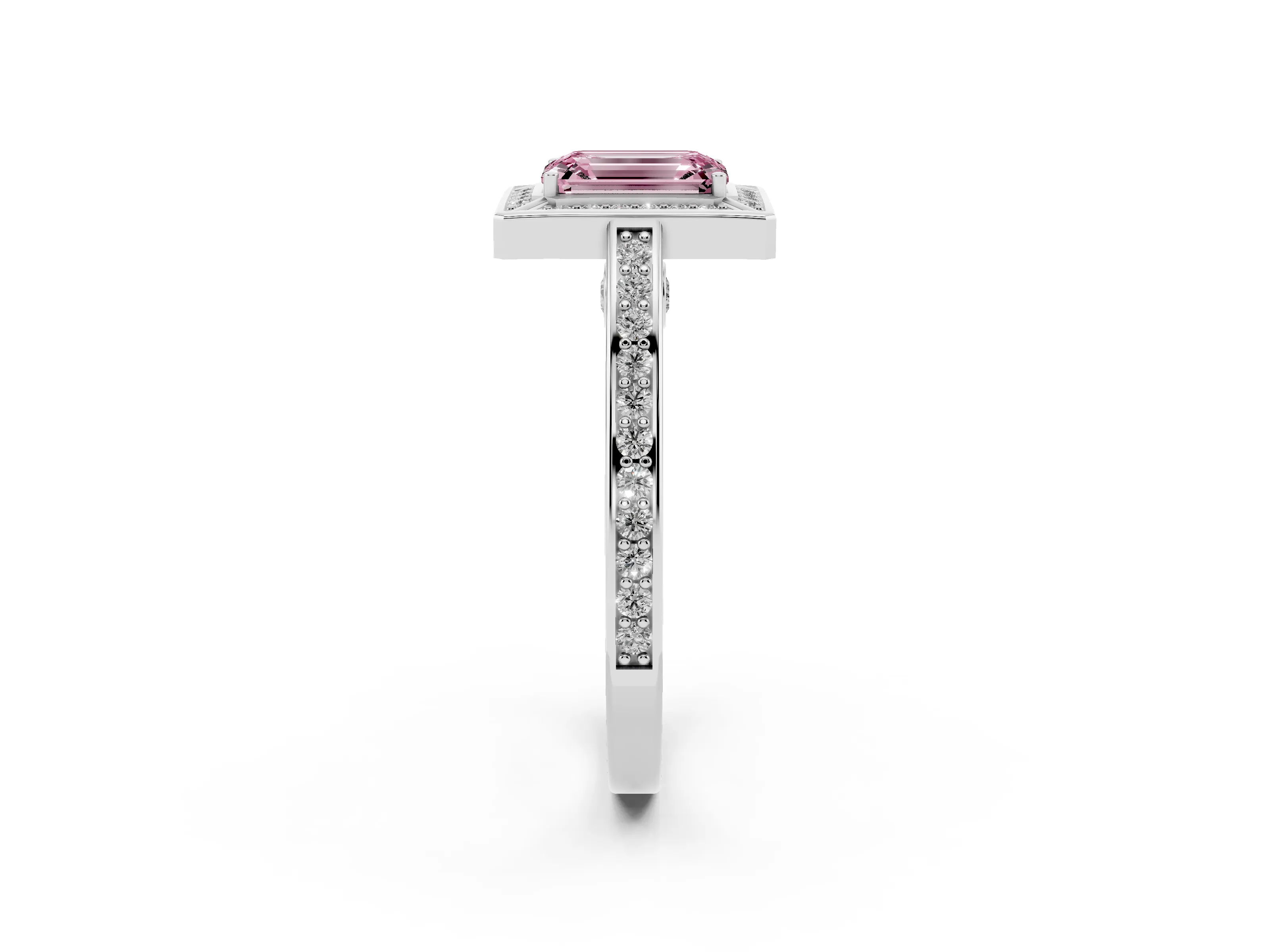 Fancy Pink Emerald Cut Diamond Halo Pavé Split Shank Ring Set in Silver with Prong Setting