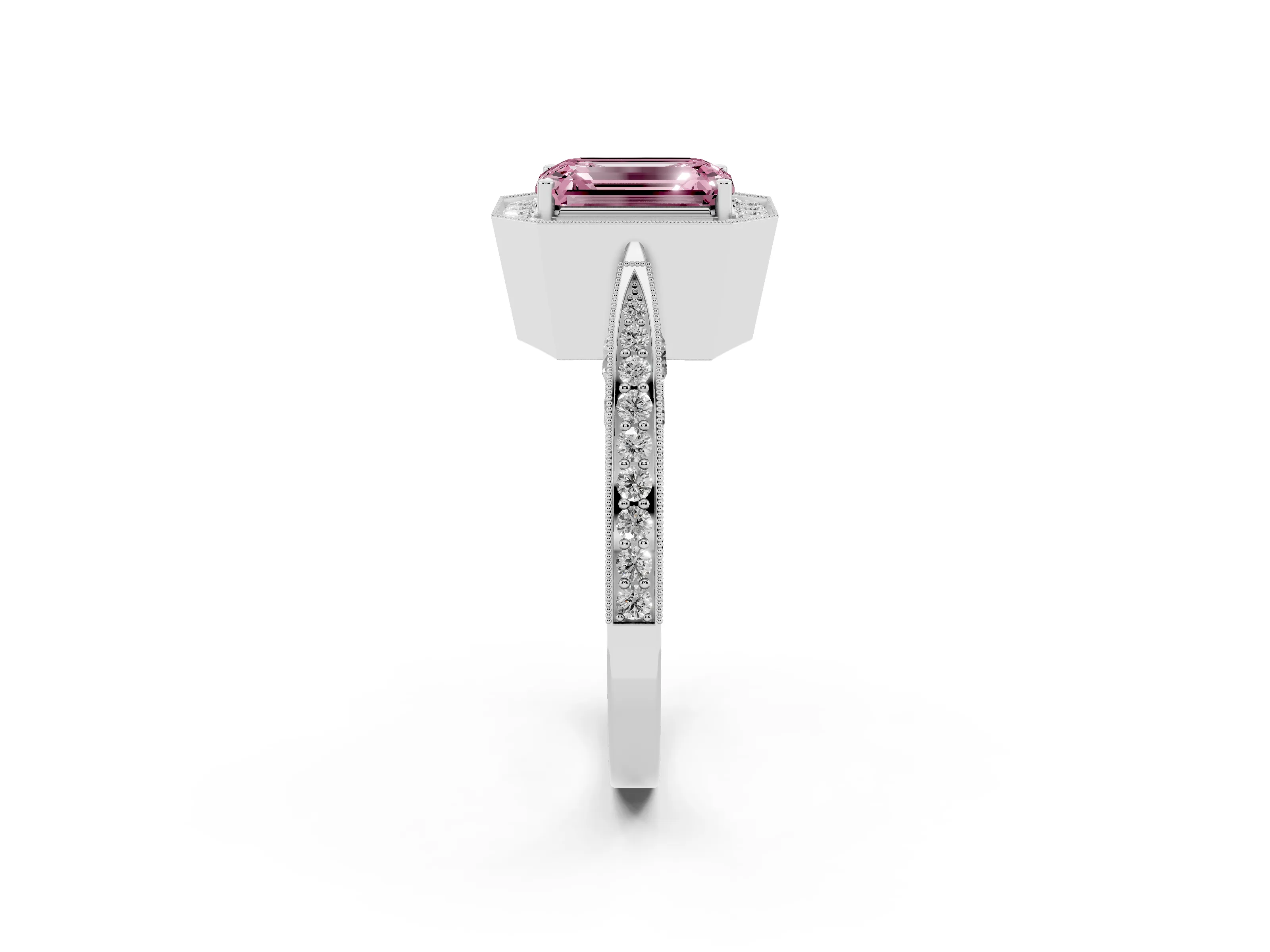 Fancy Pink Emerald Cut Diamond Halo Engagement Ring Set in Platinum with Accent Split Shank Band