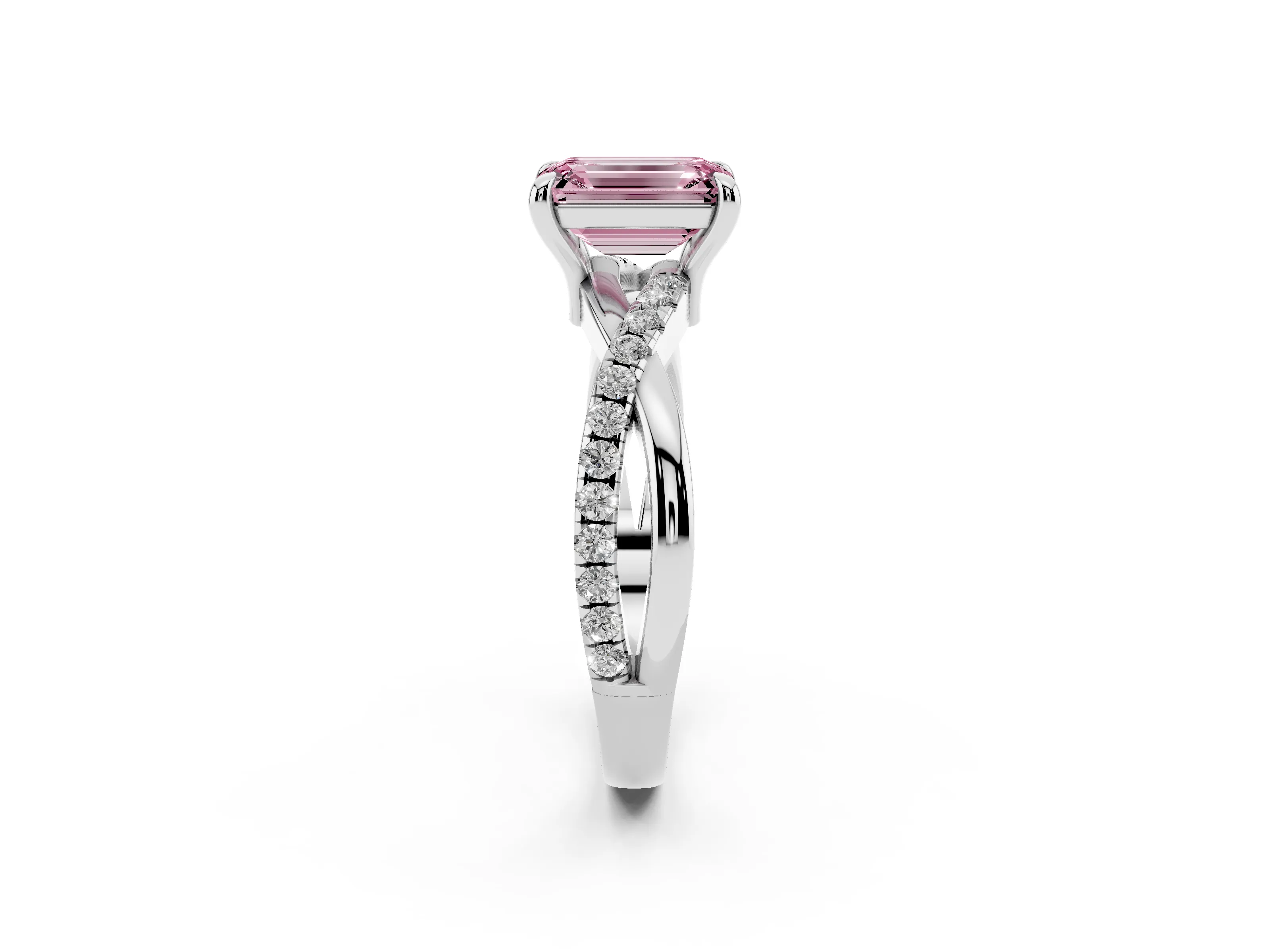 Fancy Pink Emerald Cut Diamond Twist Band Solitaire Set in White gold with Pavé Accents and Prong Setting