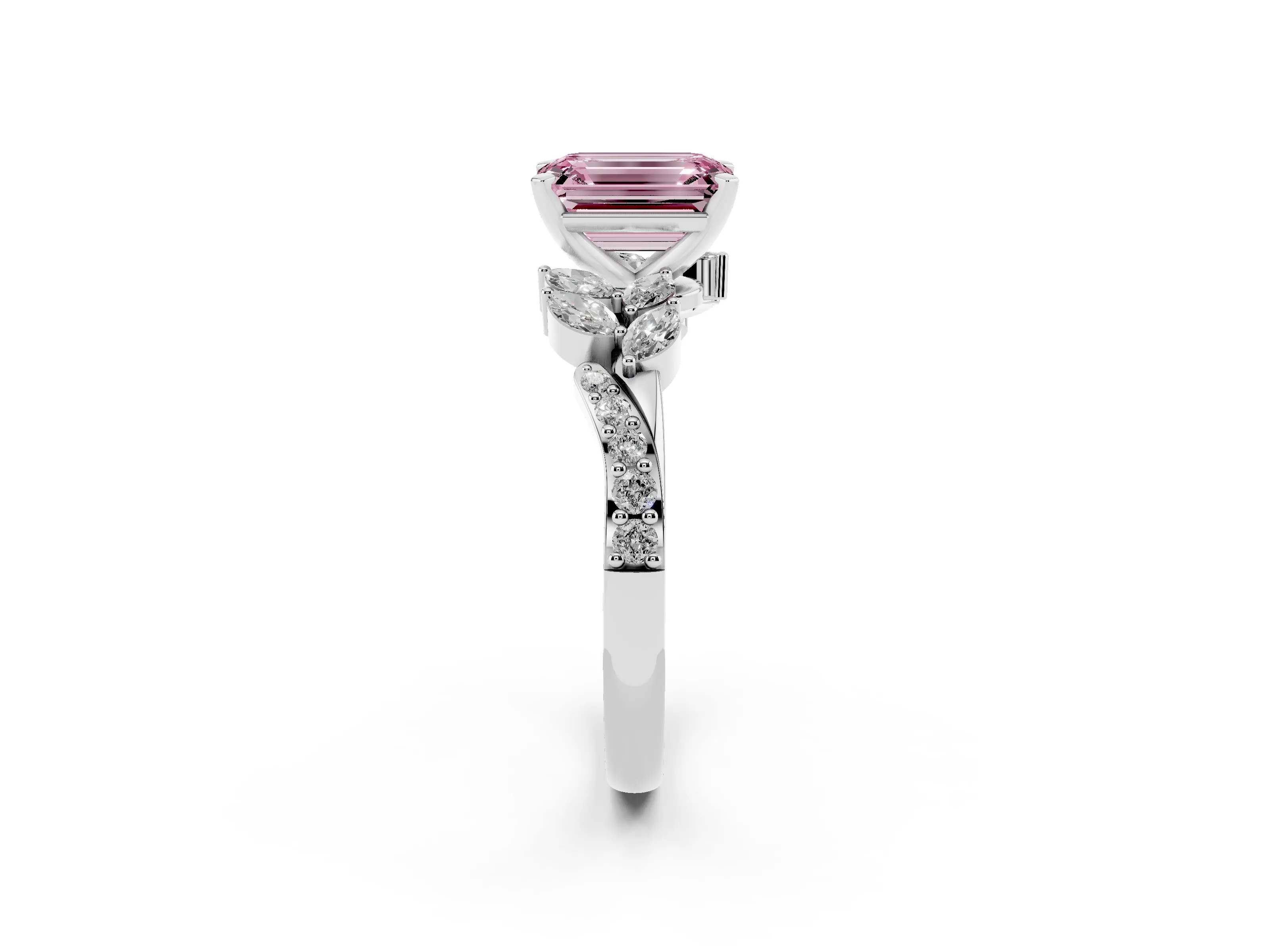 Fancy Pink Emerald Cut Diamond Solitaire Ring Set in Silver with Marquise Twist Band and Prong Setting