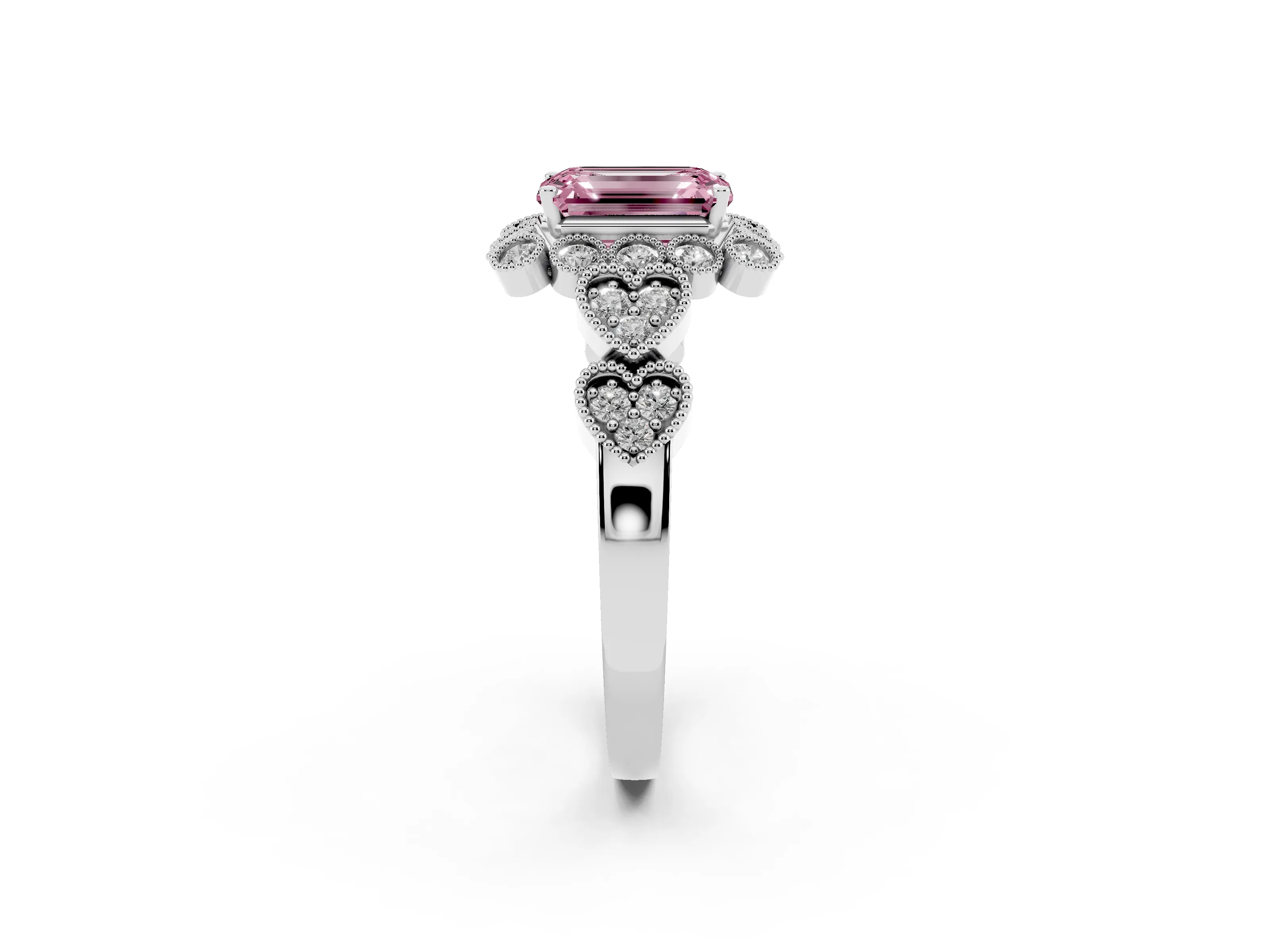 Fancy Pink Emerald Cut Diamond Solitaire Ring Set in Platinum with Milgrain Pavé Heart Band