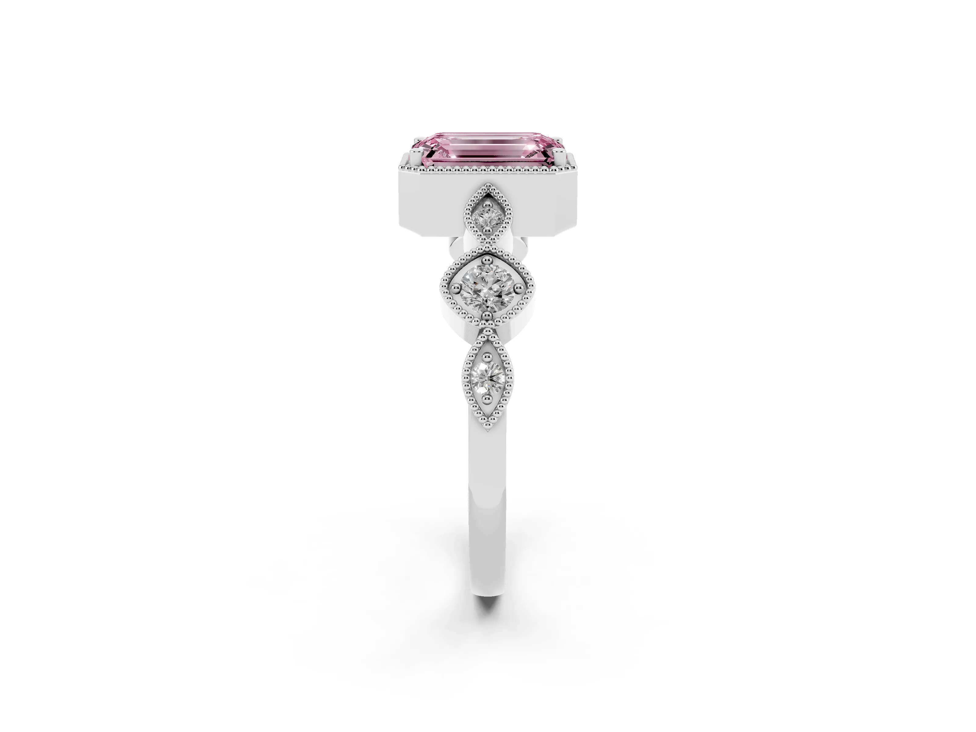 Fancy Pink Emerald Cut Diamond Vintage-Inspired Milgrain Ring Set in Platinum with Marquise Stations of Round Accents