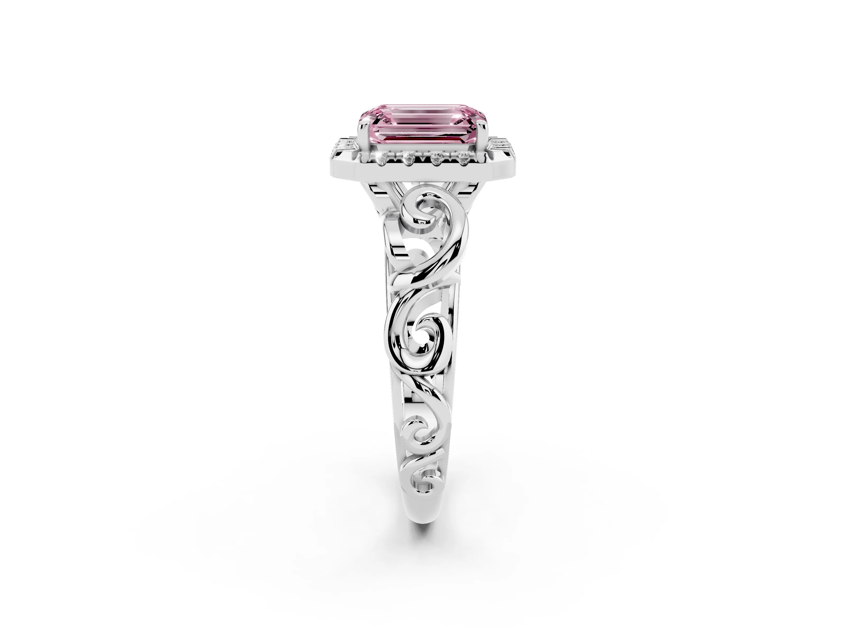 Fancy Pink Emerald Cut Diamond Halo Ring Set in Platinum with Scrollwork Band and Prong Setting