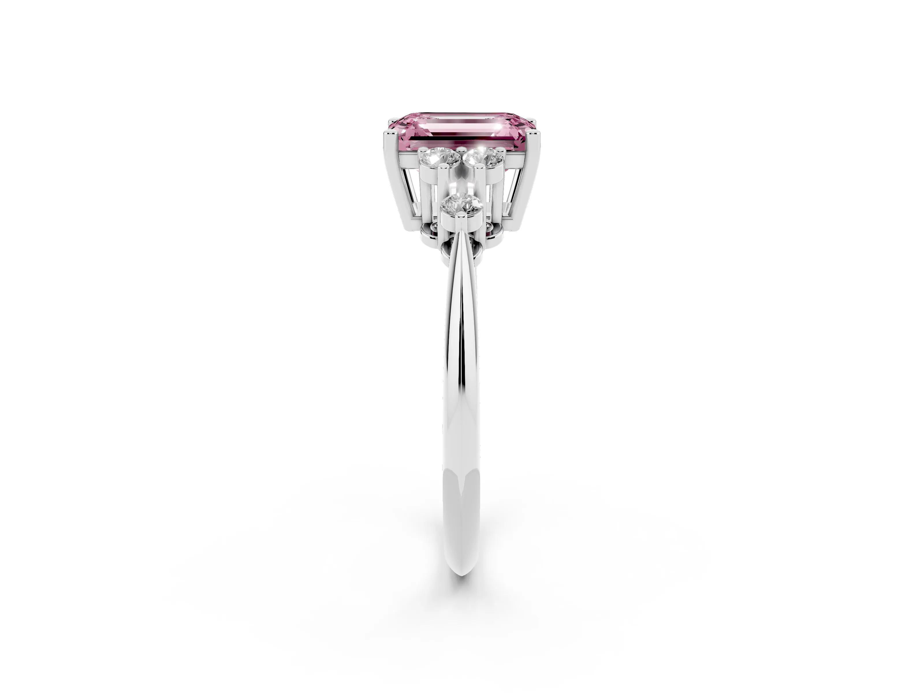 Fancy Pink Emerald Cut Diamond Cluster Ring Set in Silver with Plain Band and Prong Setting