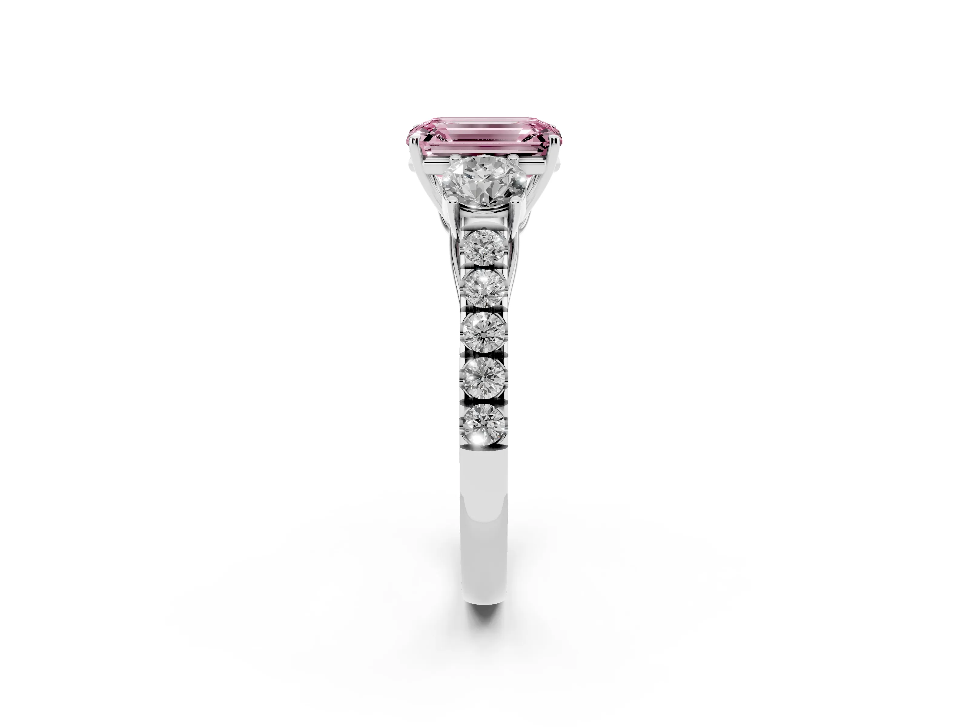 Fancy Pink Emerald Cut Diamond Three-Stone Ring Set in White gold with Round Side Stones and Delicate Pavé Band