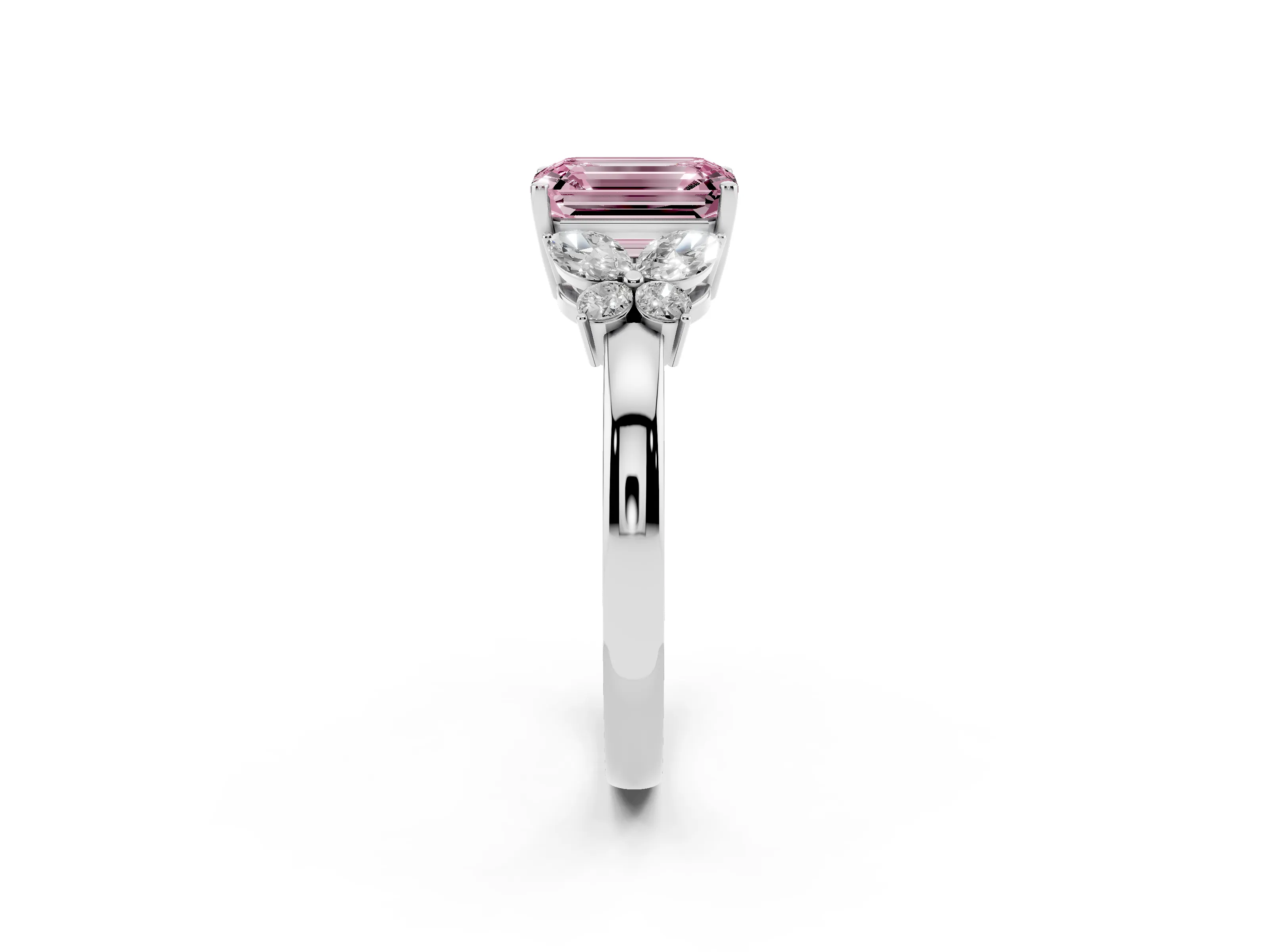 Fancy Pink Emerald Cut Diamond Solitaire Floral Ring Set in Silver with Marquise Petals and Prong Setting