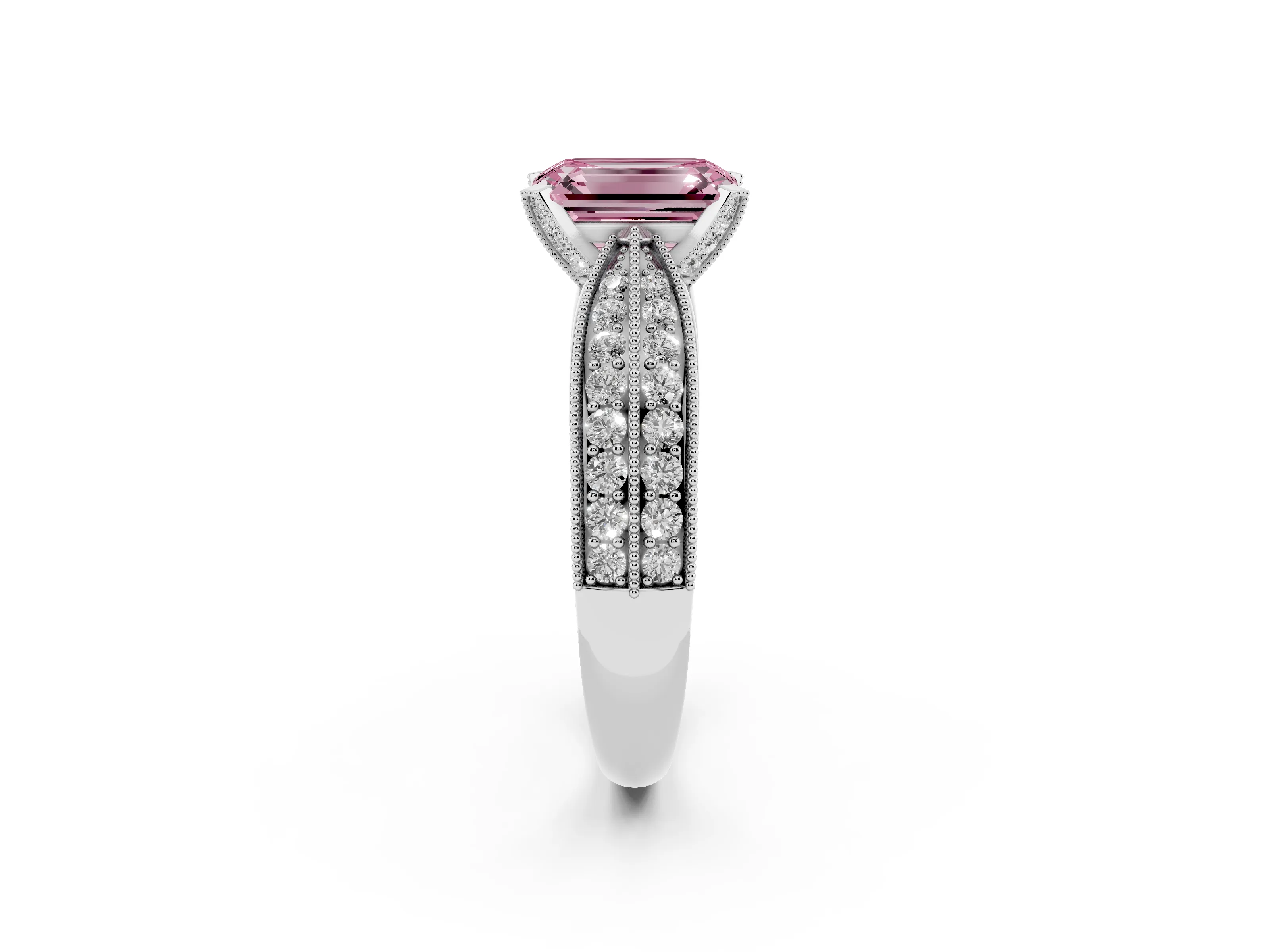 Fancy Pink Emerald Cut Diamond Solitaire Ring Set in Silver with Milgrain Double Row Round Pavé Band