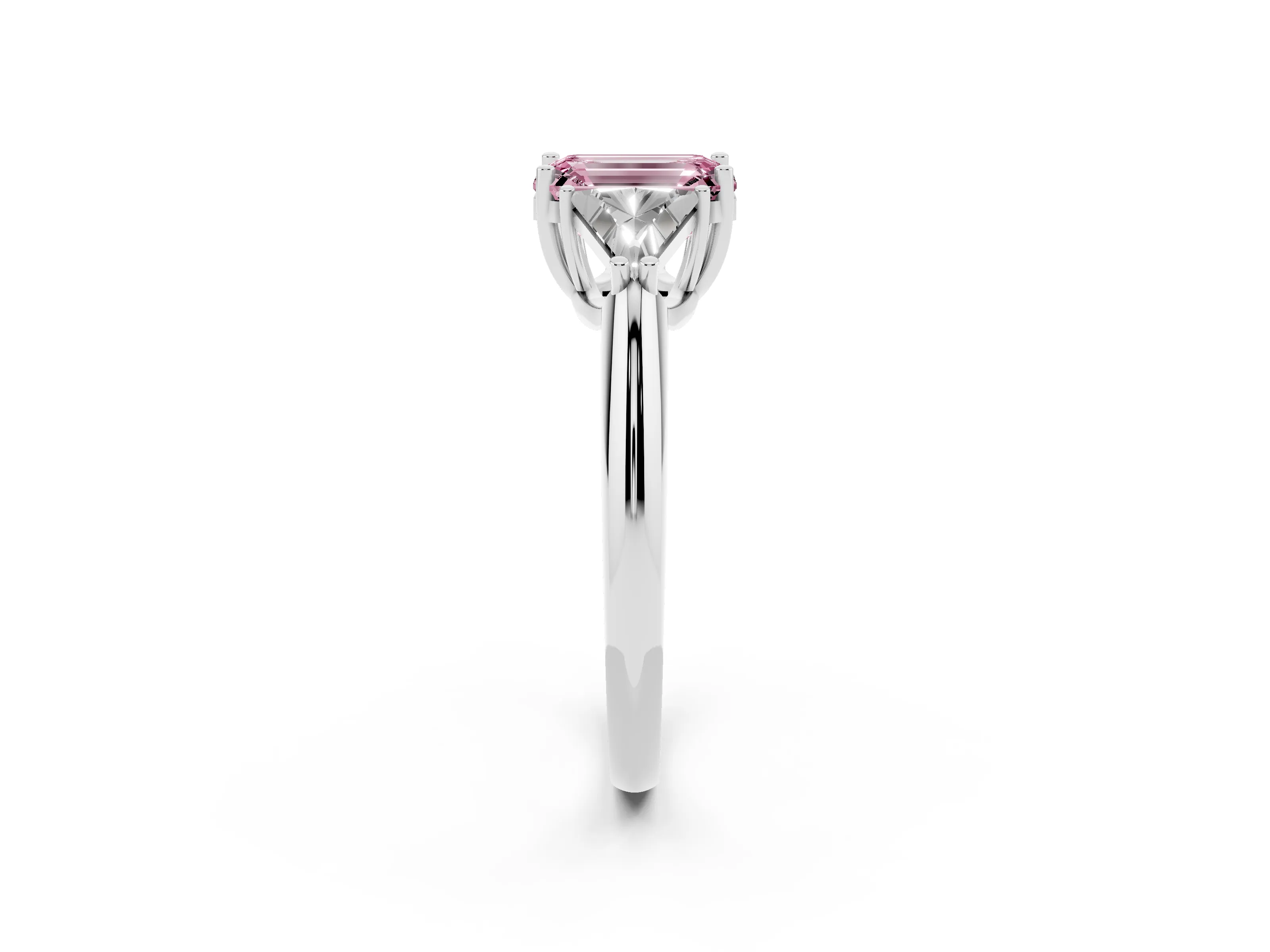 Fancy Pink Emerald Cut Diamond Three-Stone Engagement Ring Set in Silver with Trillion Side Stones