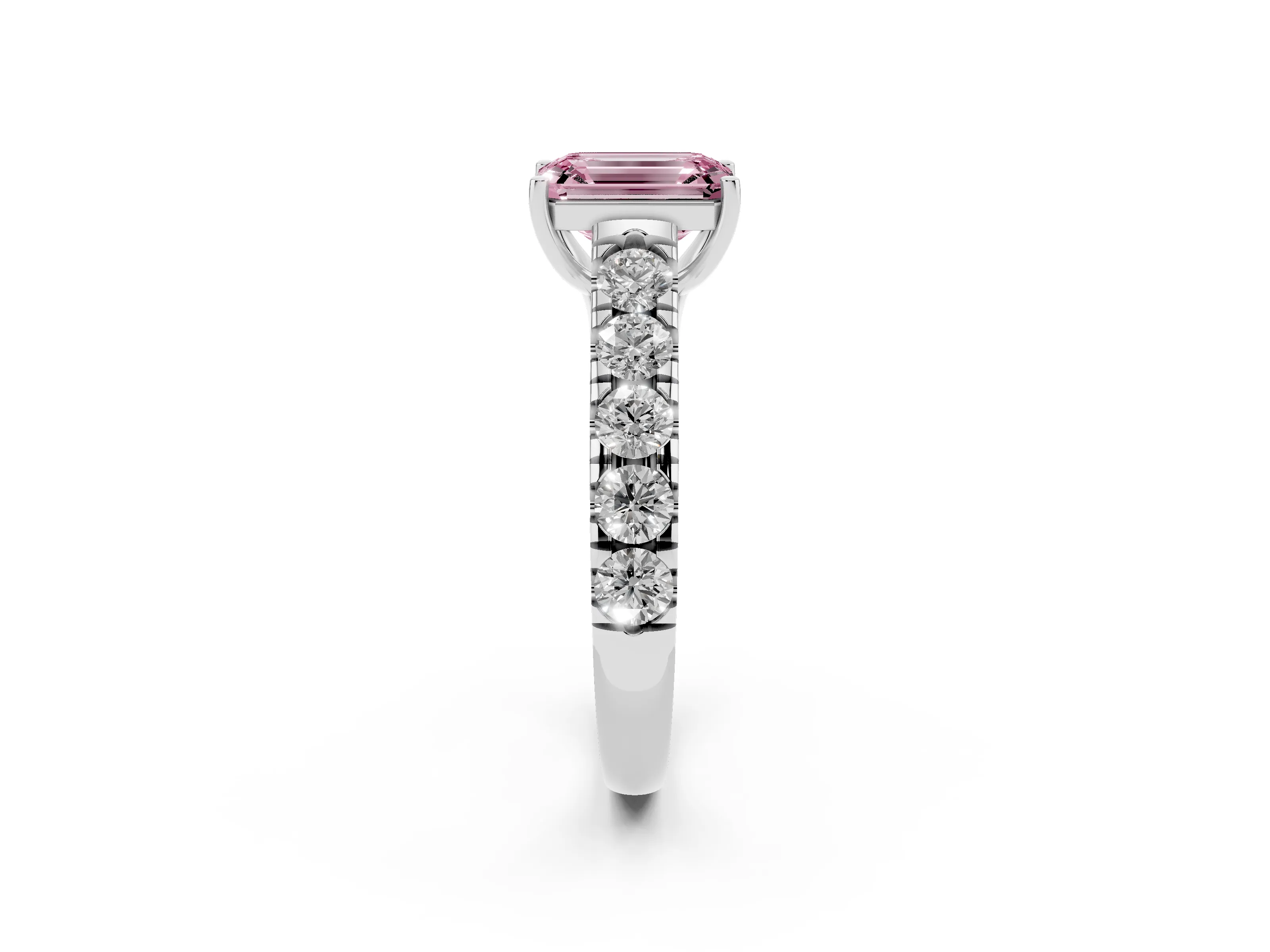 Fancy Pink Emerald Cut Diamond Solitaire Ring Set in Platinum with Cut-Down Micro Pavé Band and Prong Setting