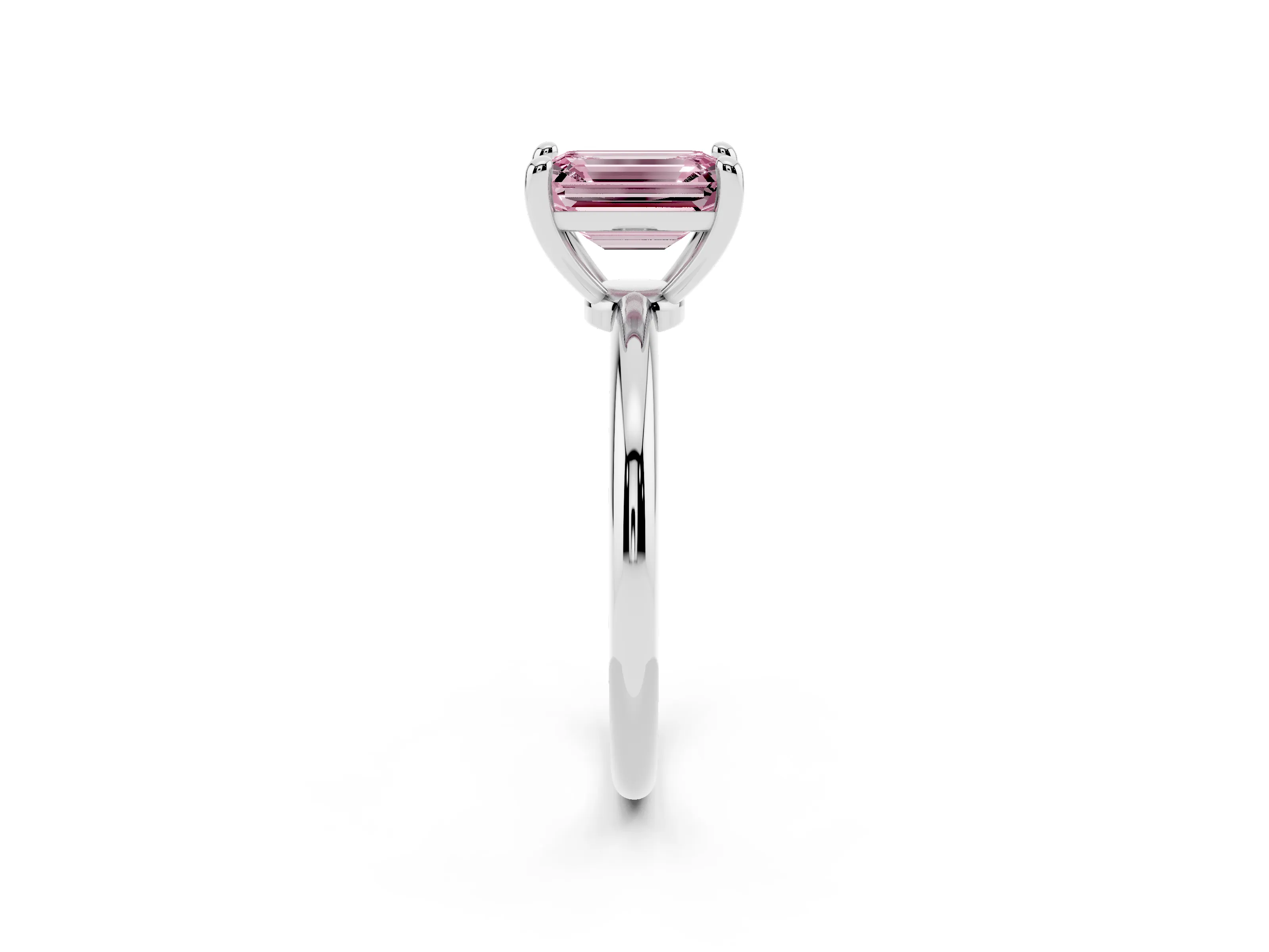 Fancy Pink Emerald Cut Diamond Solitaire Ring Set in White gold with Secure Prong Setting on a Classic Band